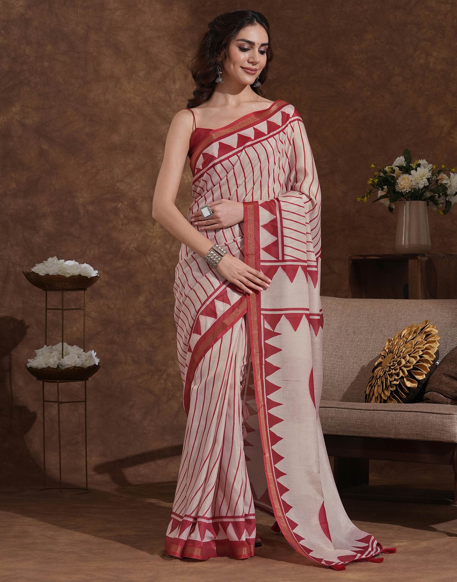 Dusty Peach Silk Printed Saree