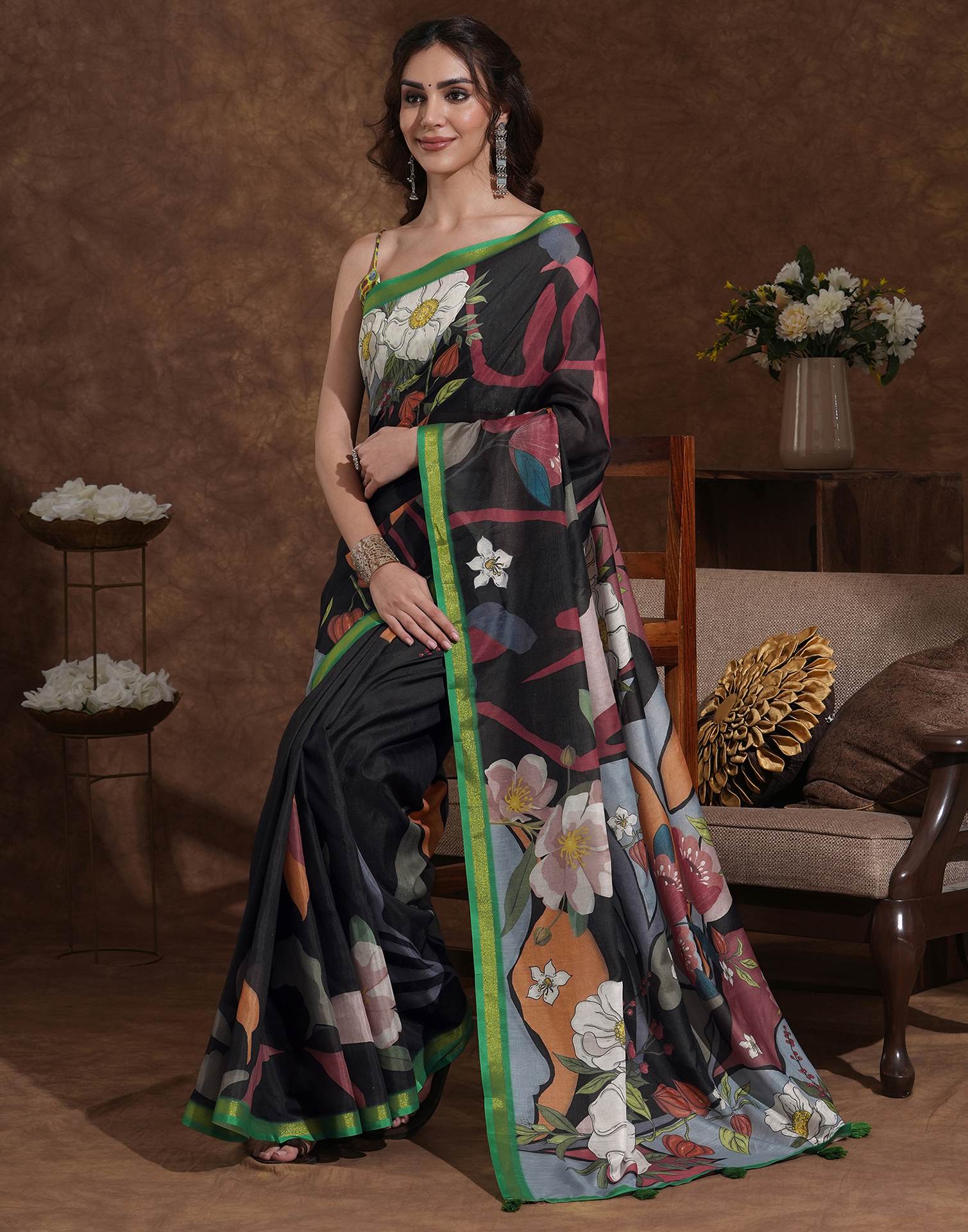 Black Silk Floral Printed Saree