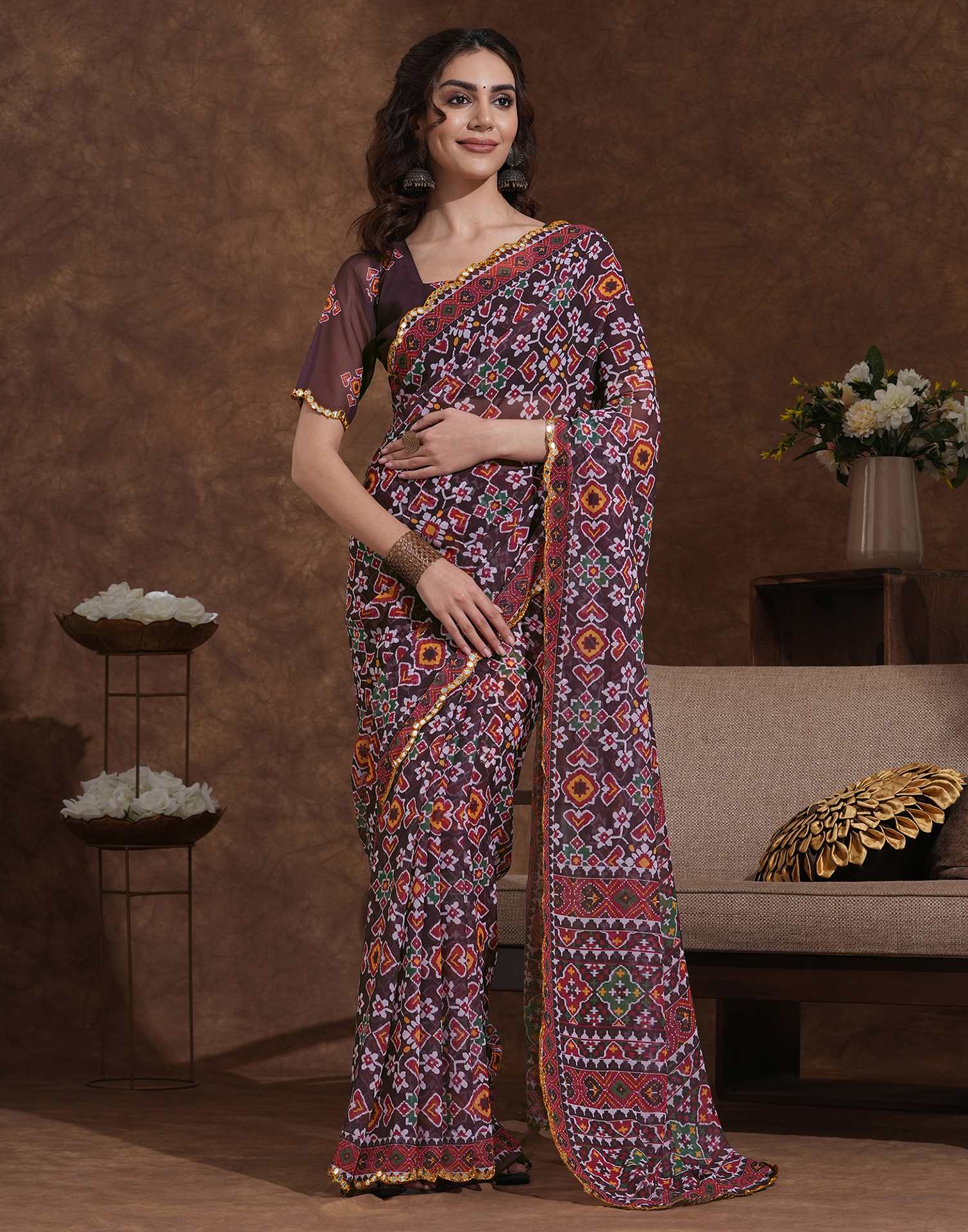 Dusty Wine Georgette Printed Saree