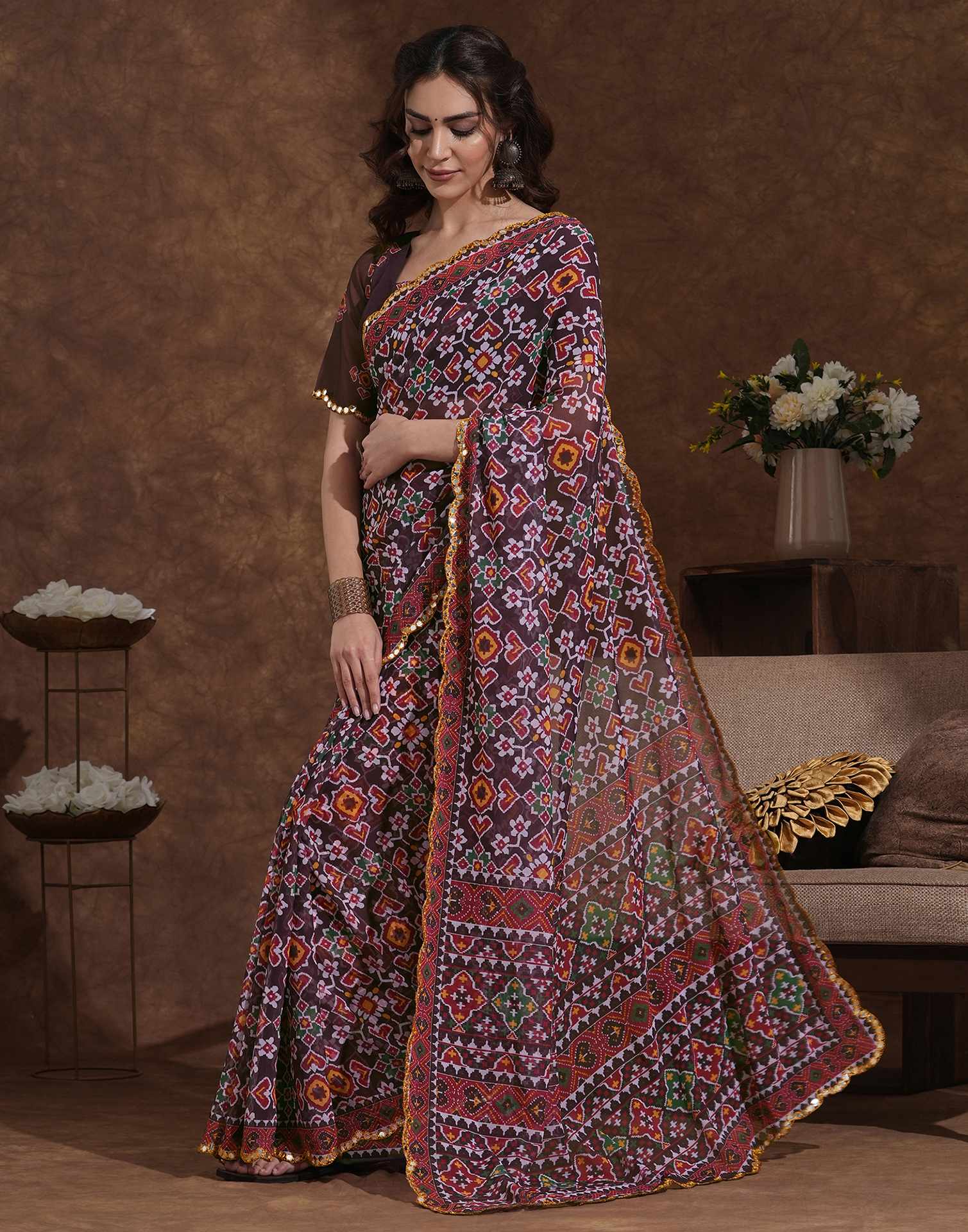 Dusty Wine Georgette Printed Saree