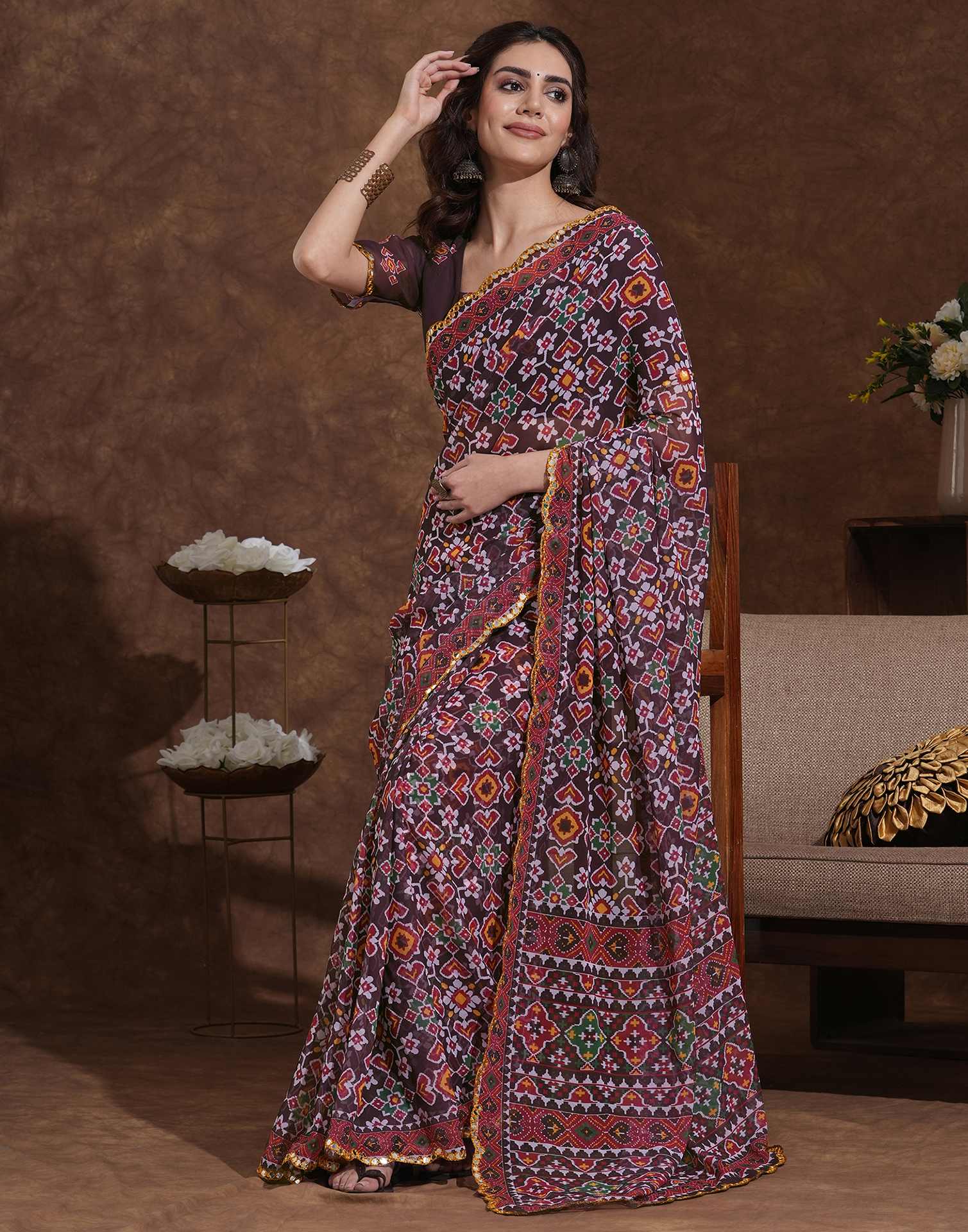 Dusty Wine Georgette Printed Saree