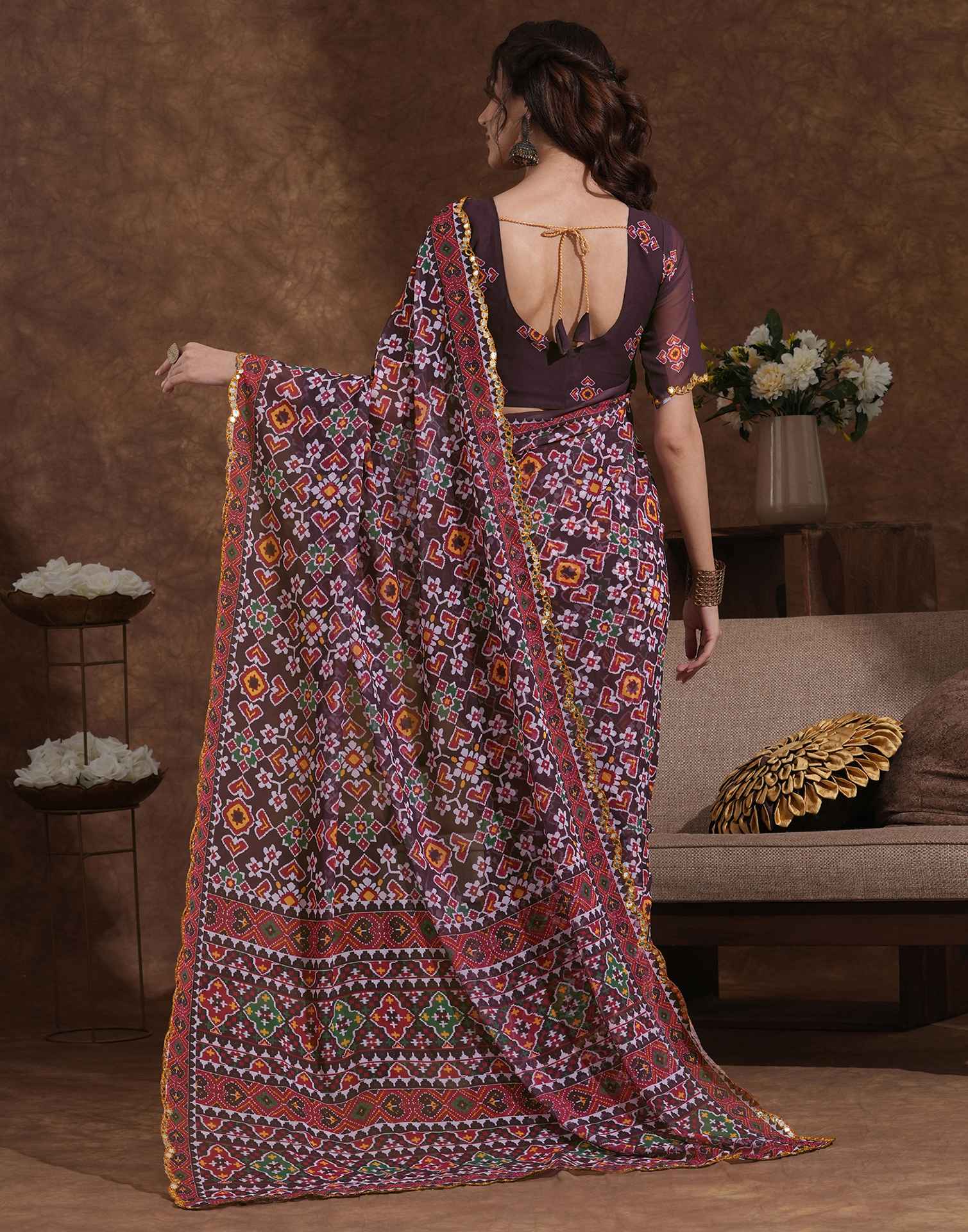 Dusty Wine Georgette Printed Saree