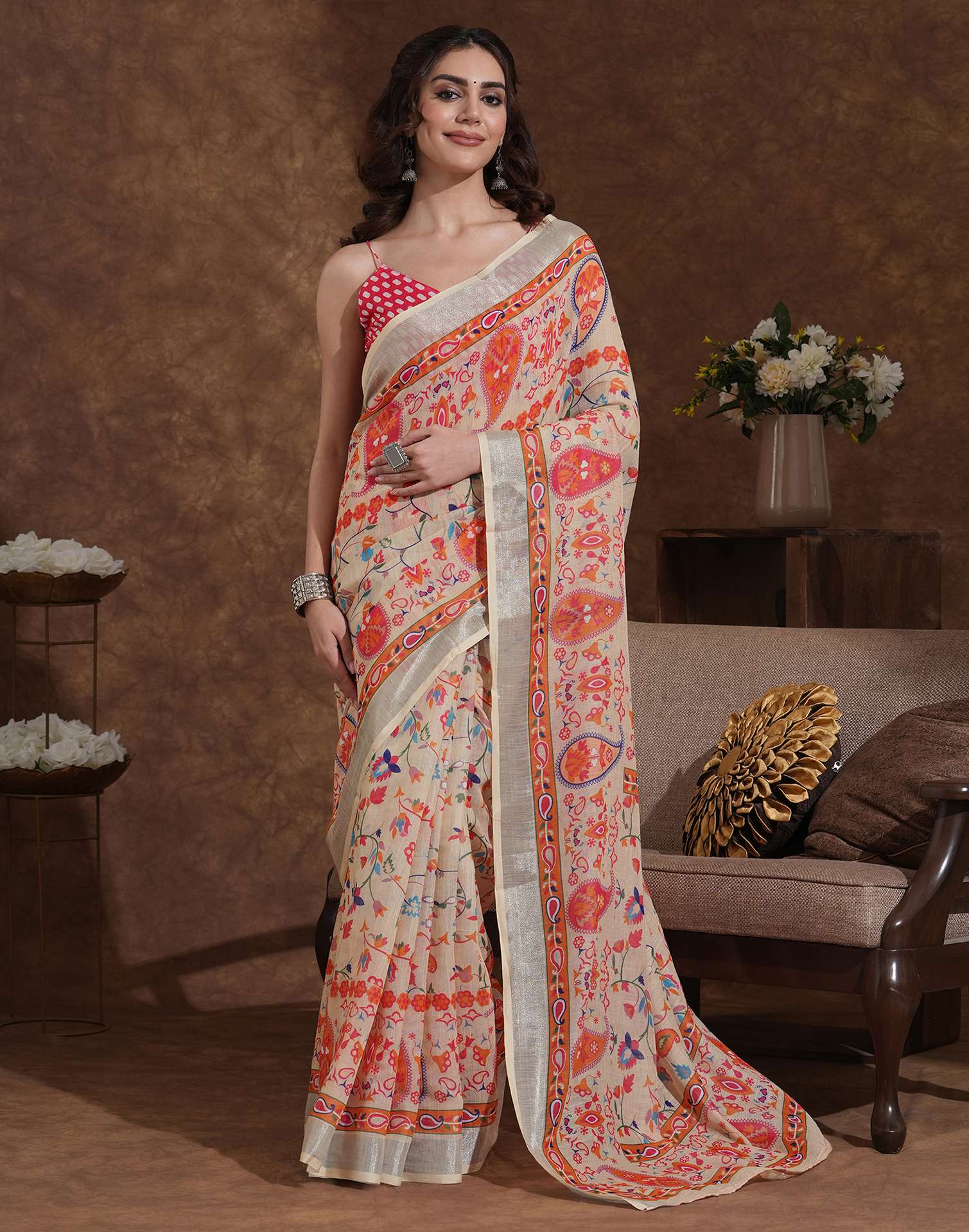 Beige Linen Woven Printed Saree