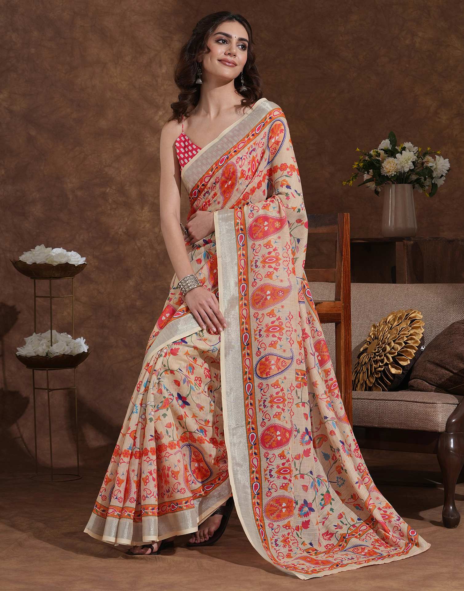 Beige Linen Woven Printed Saree