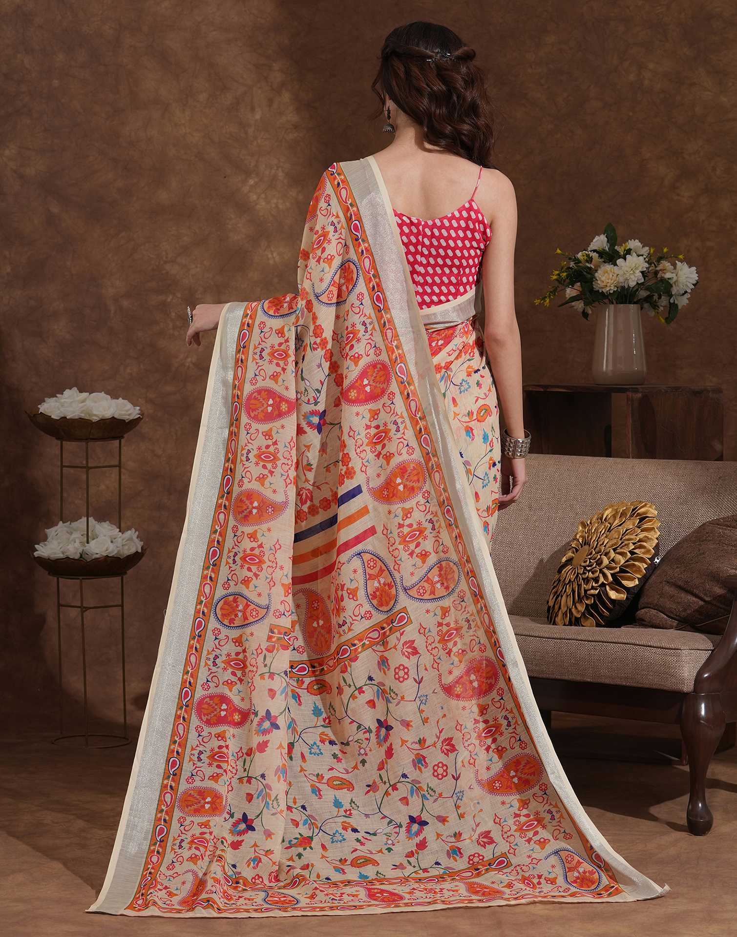 Beige Linen Woven Printed Saree