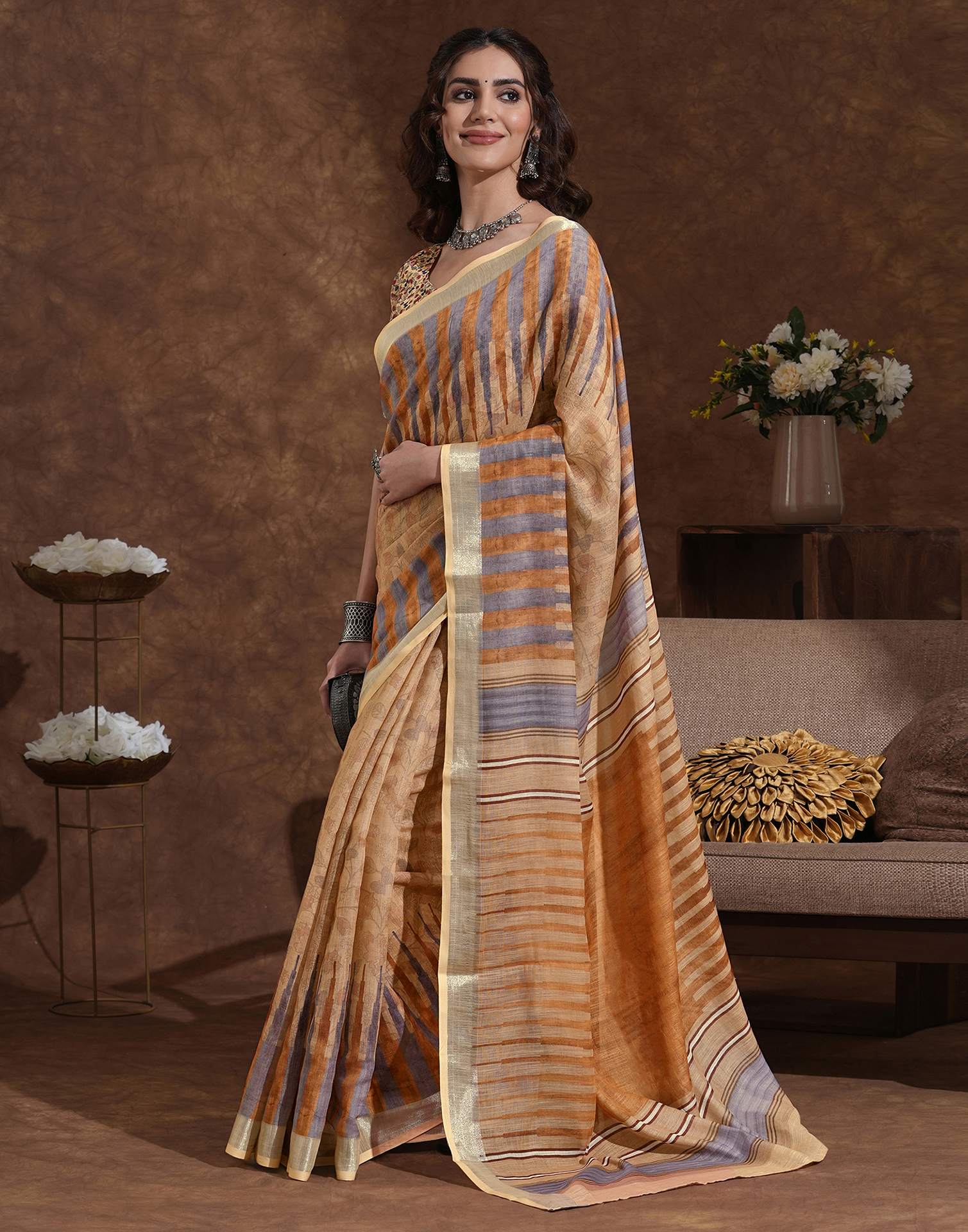 Dark Beige Linen Woven Printed Saree
