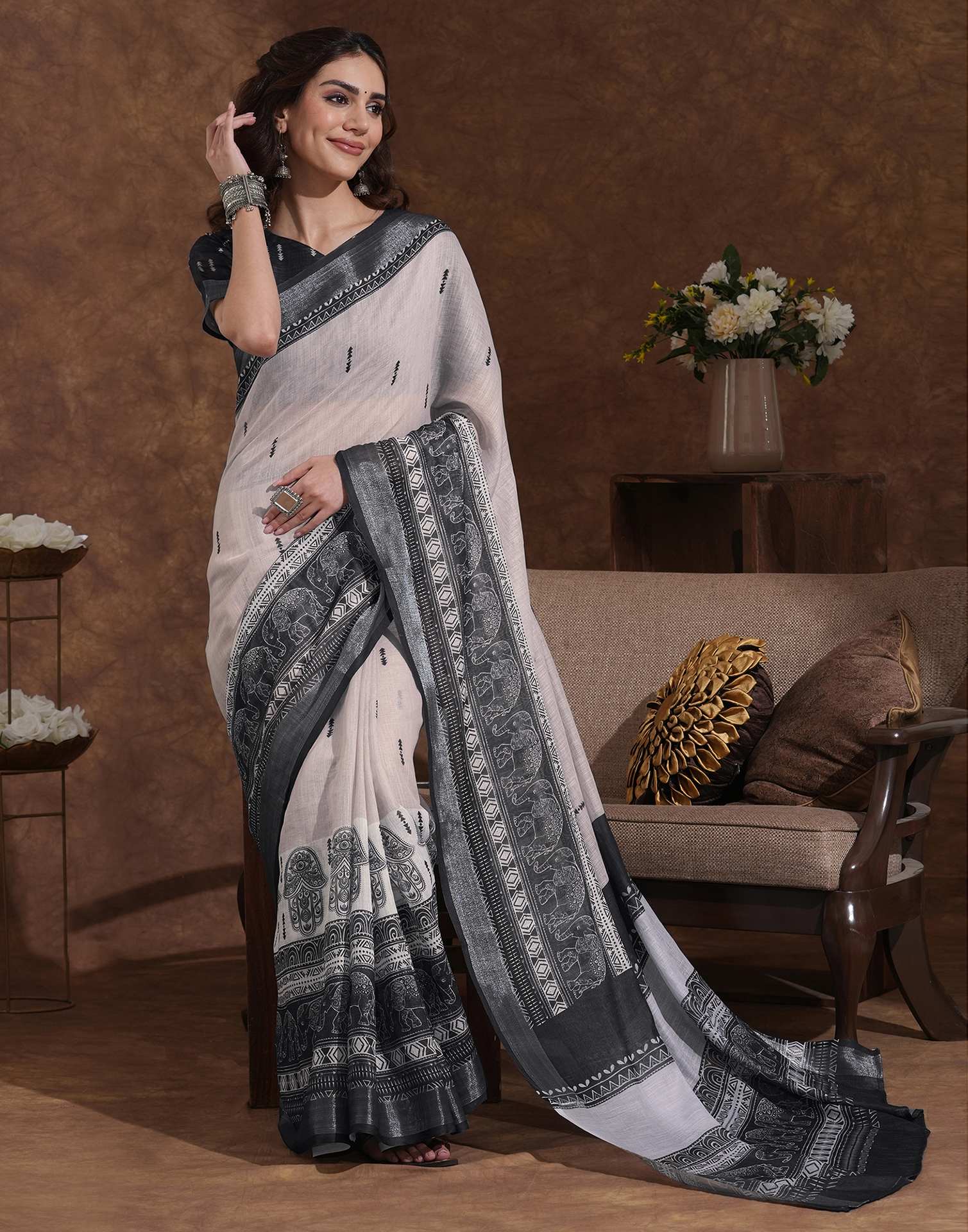 Off White Linen Woven Printed Saree