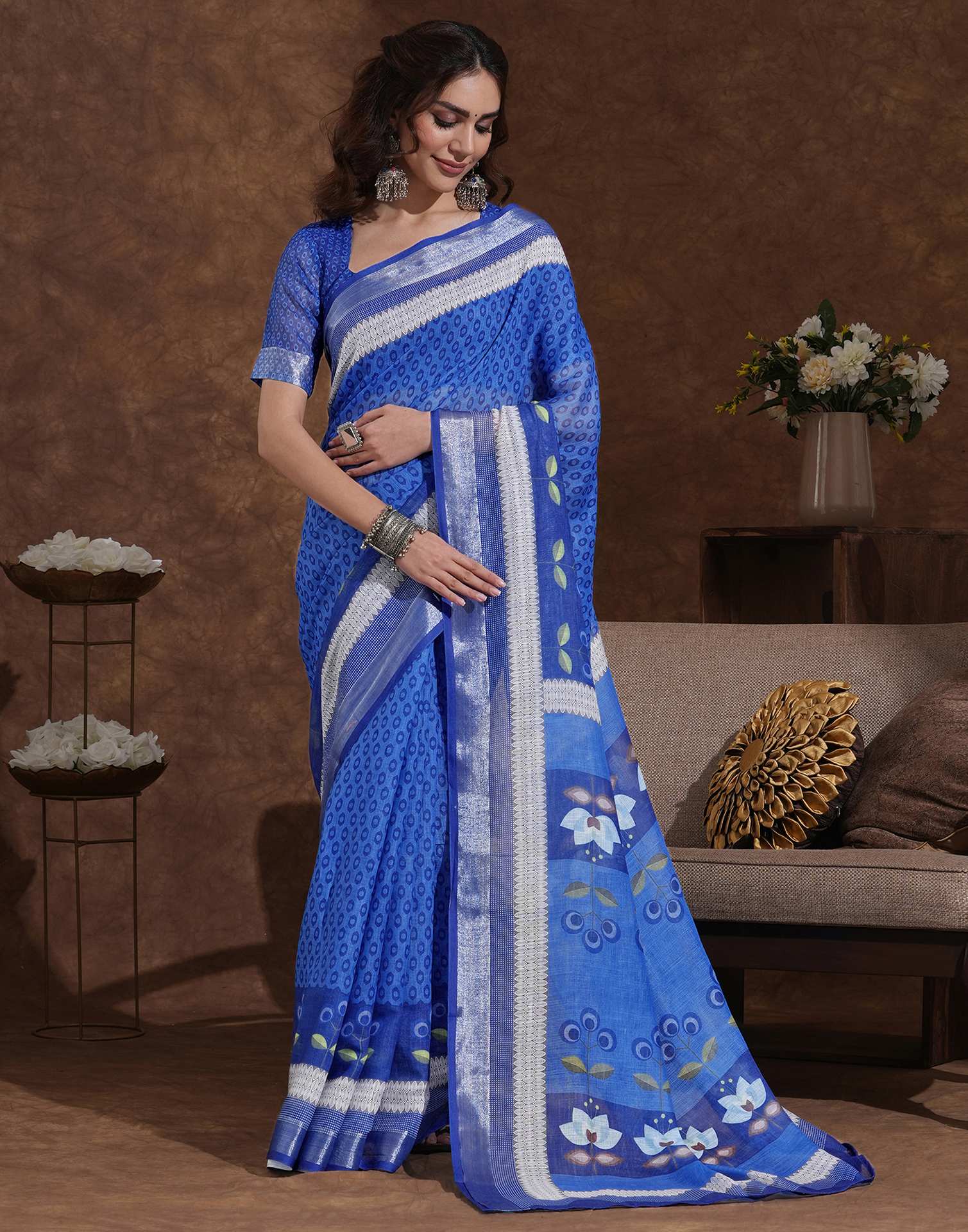 Blue Linen Woven Printed Saree