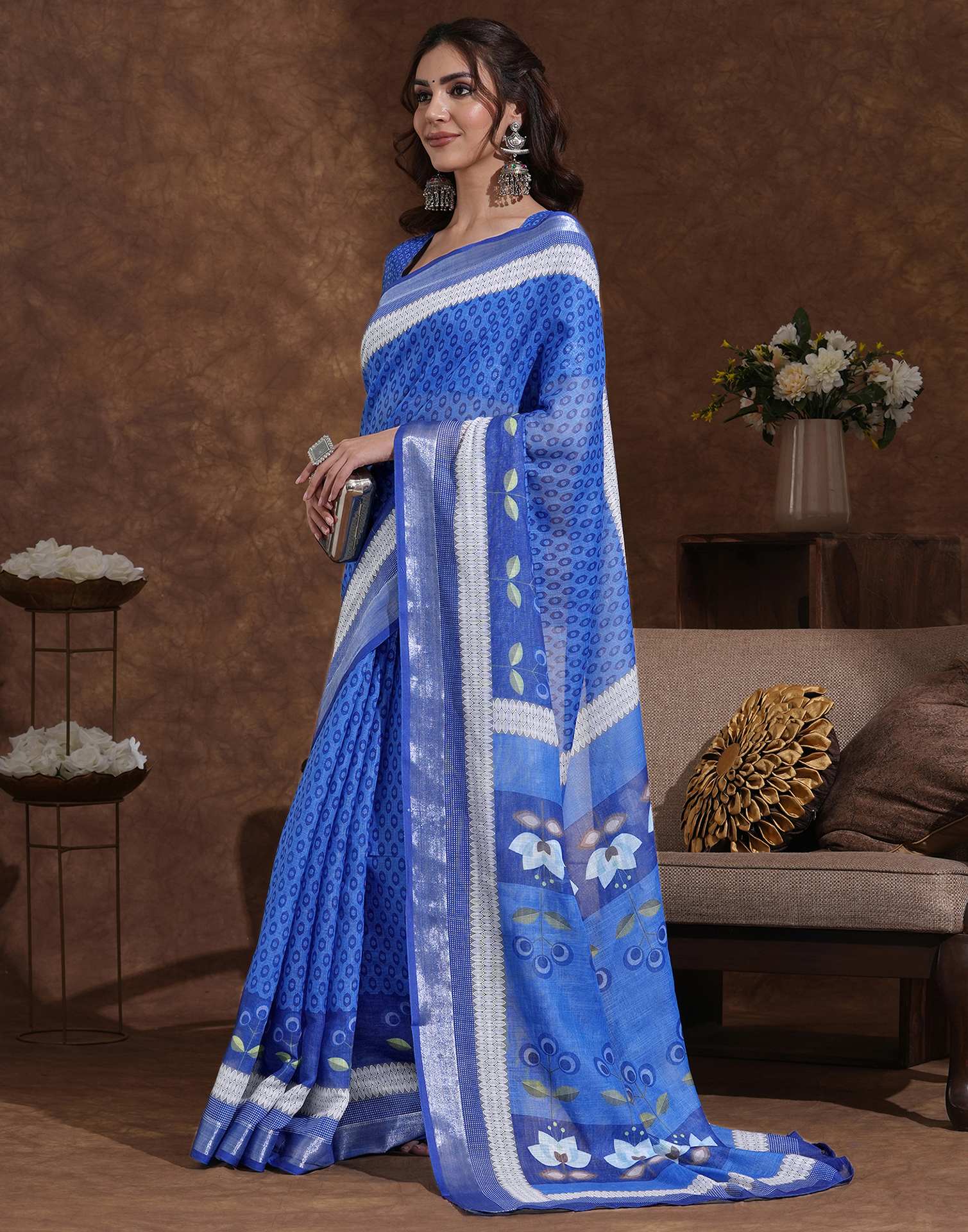 Blue Linen Woven Printed Saree