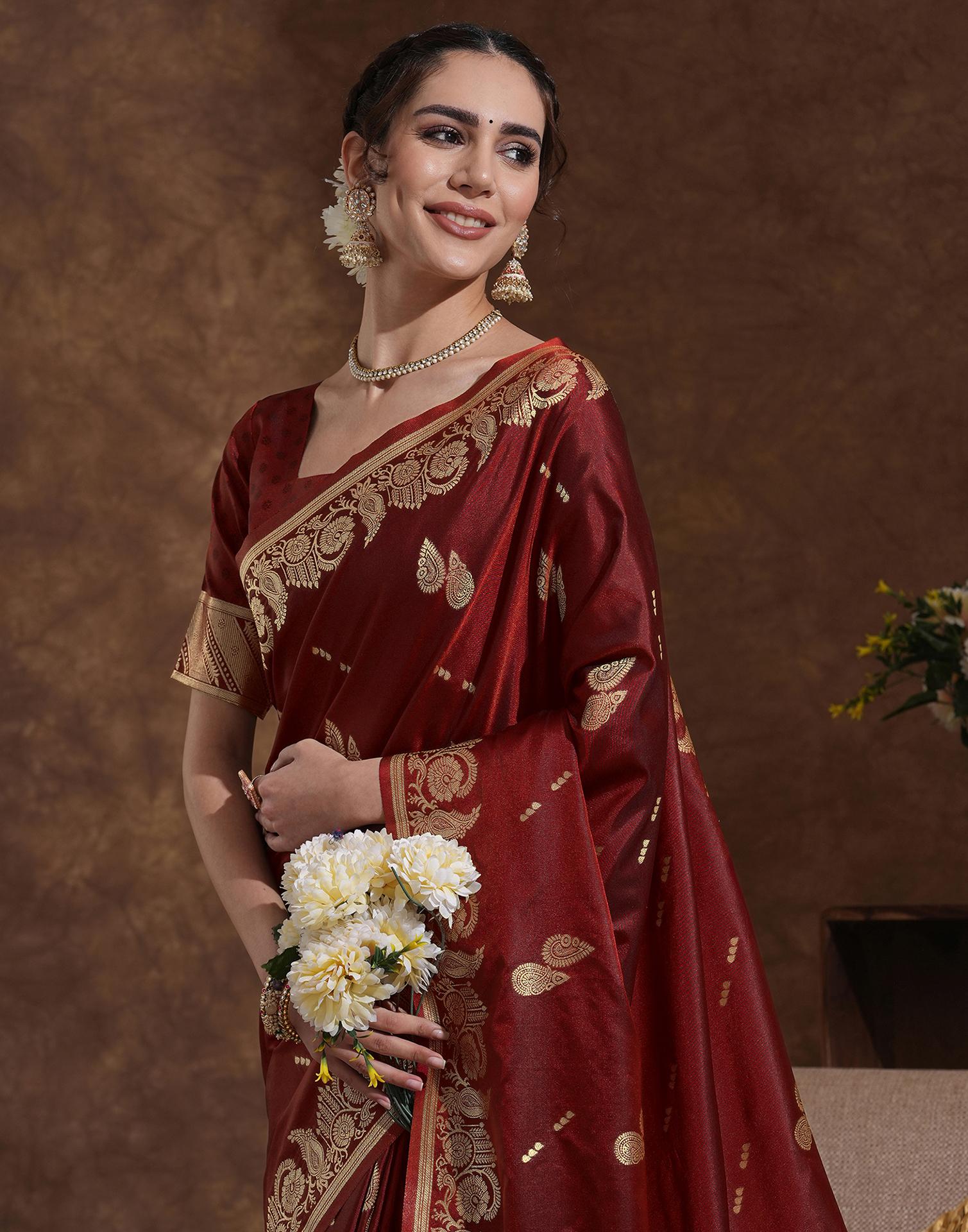 Maroon Silk Woven Banarasi Saree