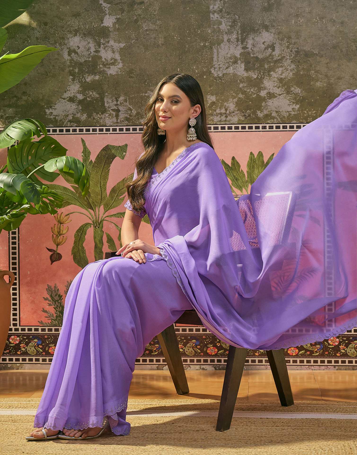 Lavender Chiffon Stone Work Swarovski Saree