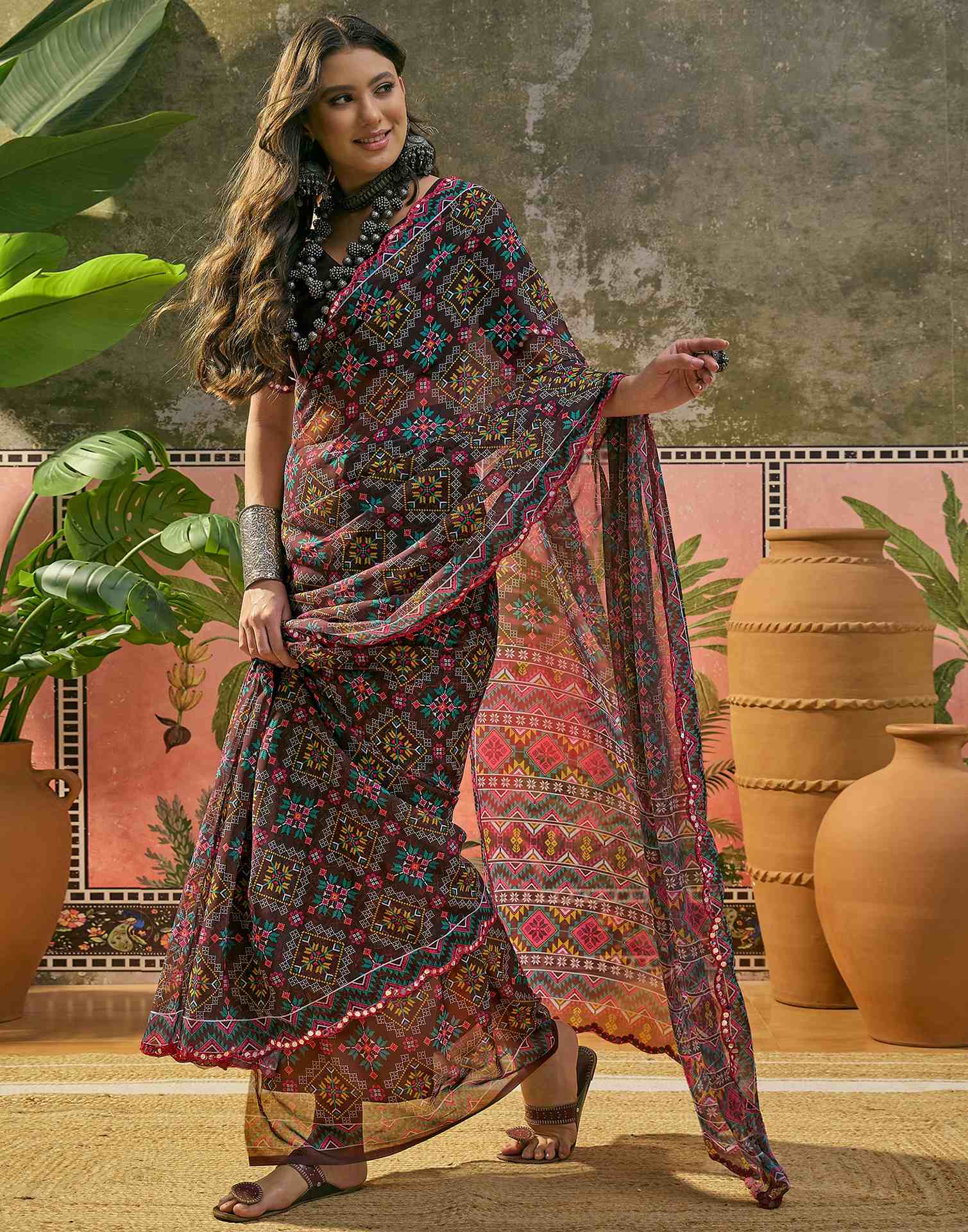 Dark Brown Georgette Printed Mirror Work Saree