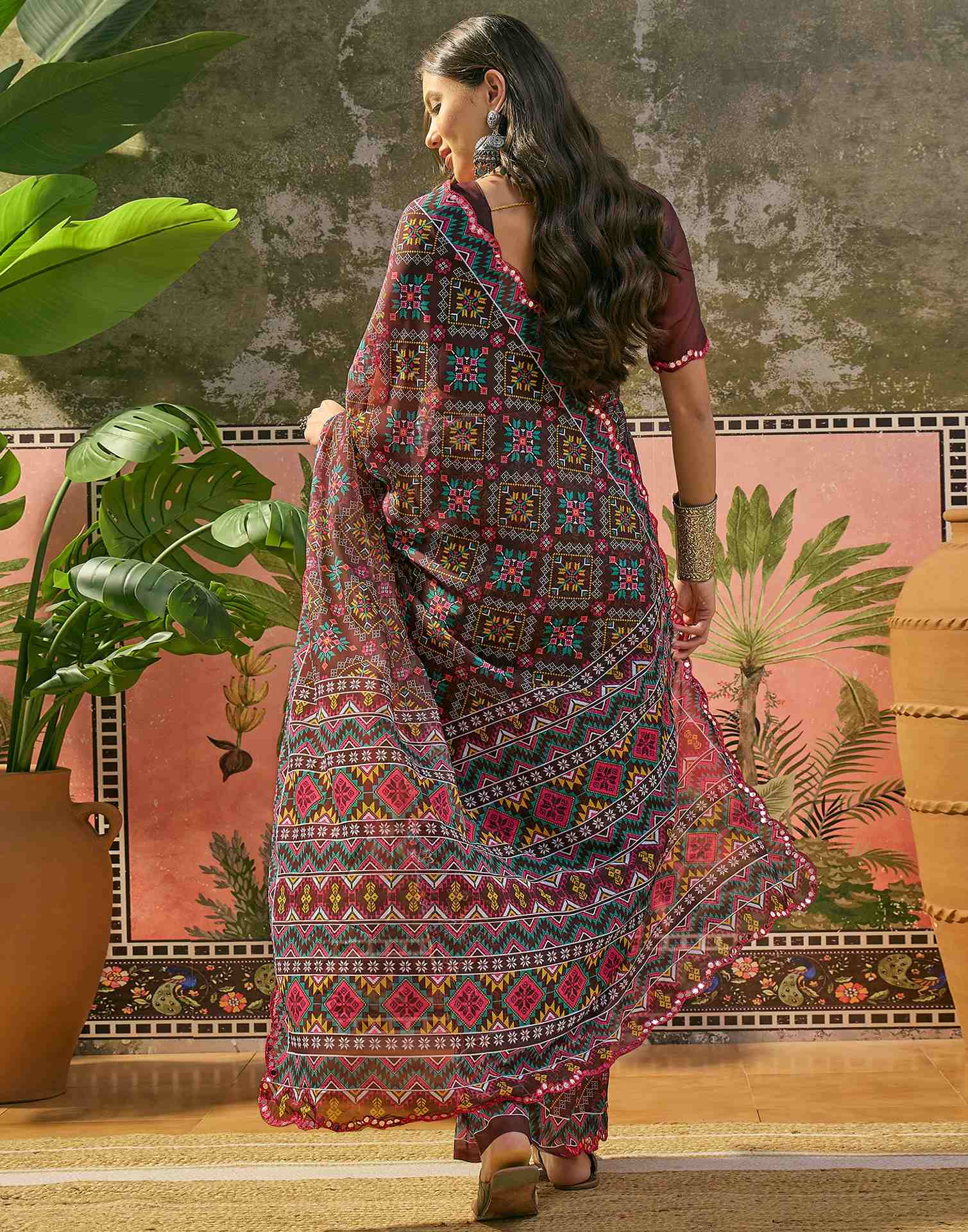 Dark Brown Georgette Printed Mirror Work Saree