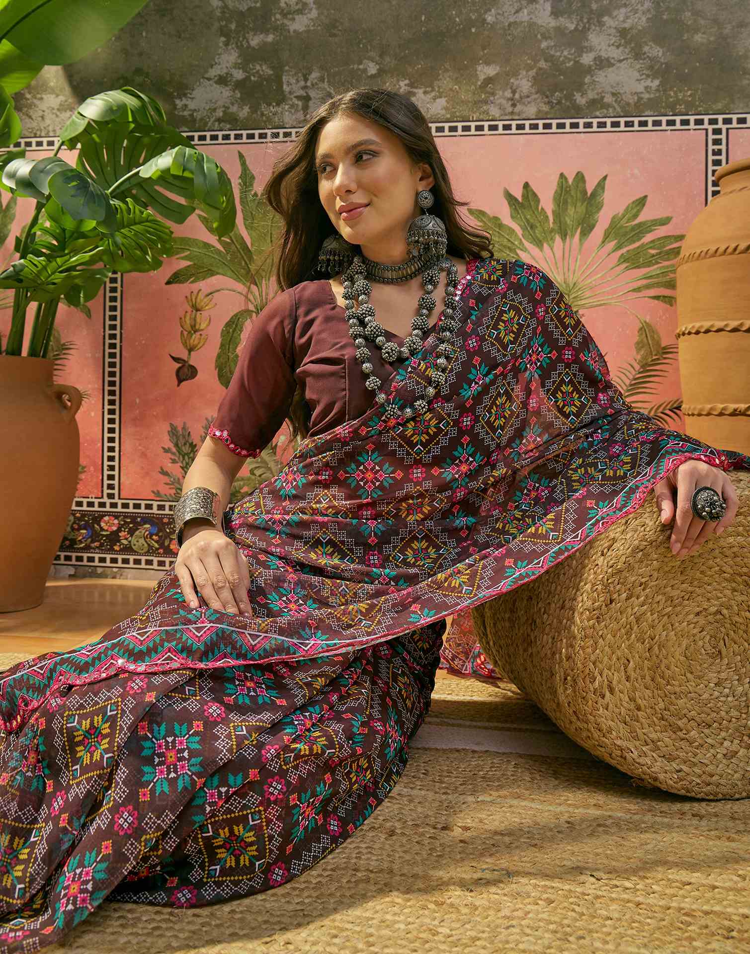 Dark Brown Georgette Printed Mirror Work Saree