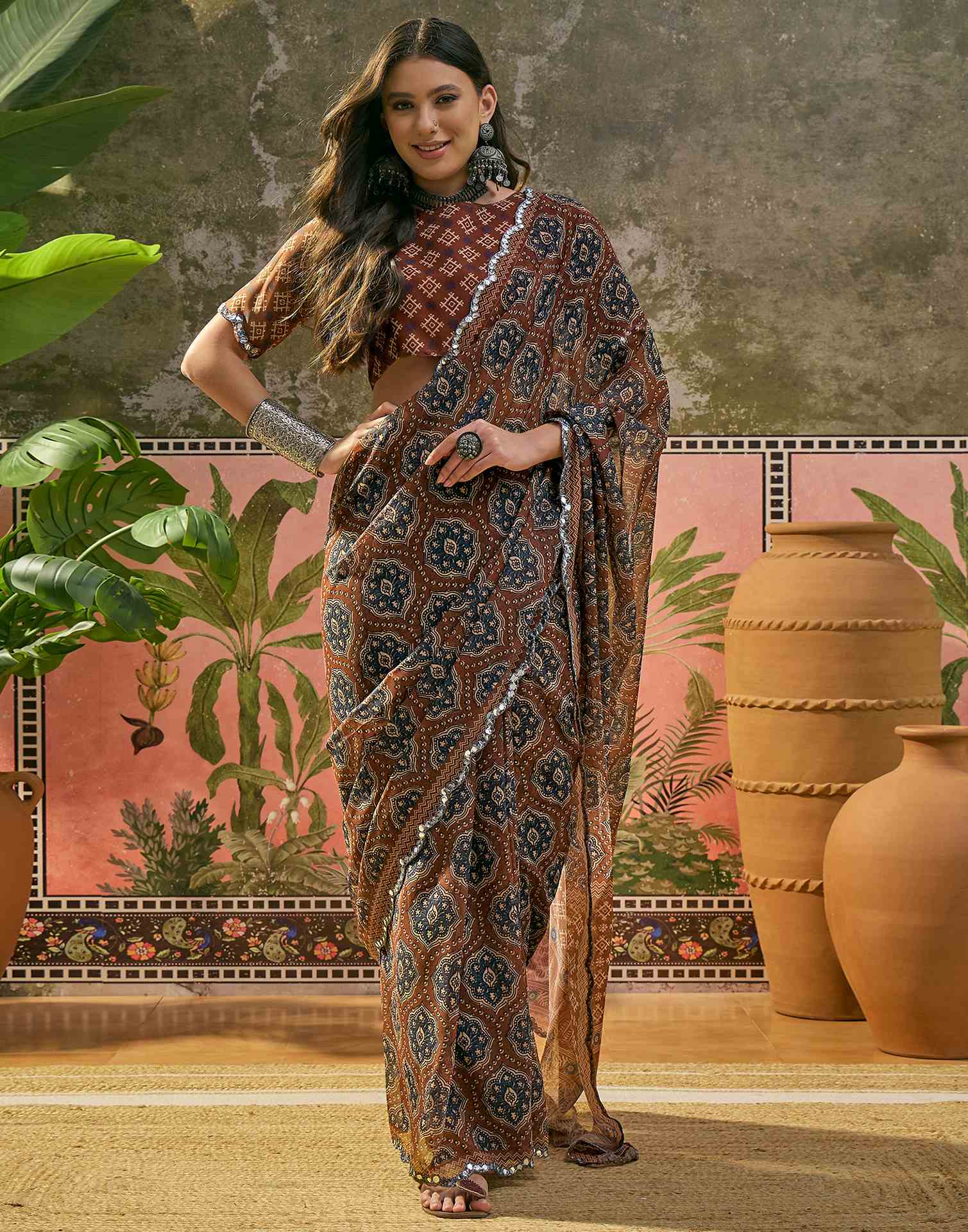 Brown Georgette Printed Mirror Work Saree