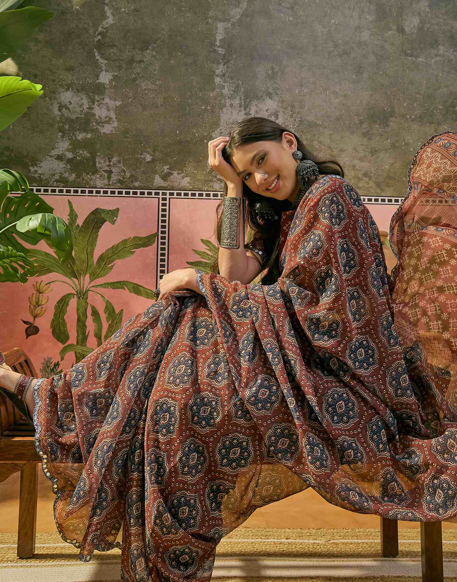 Brown Georgette Printed Mirror Work Saree