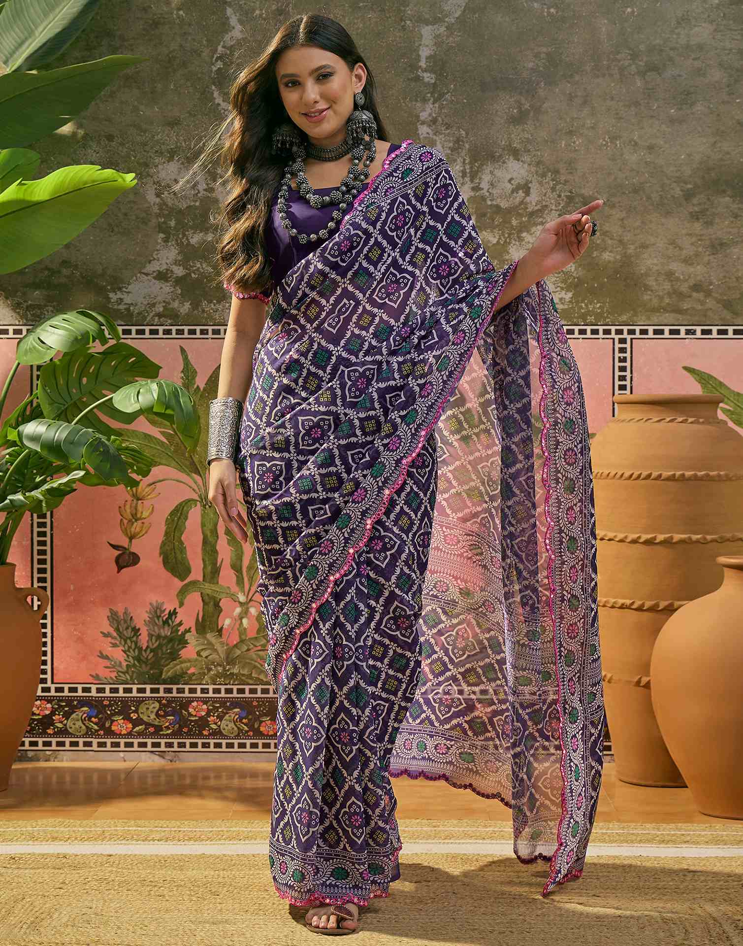 Purple Georgette Printed Mirror Work Saree