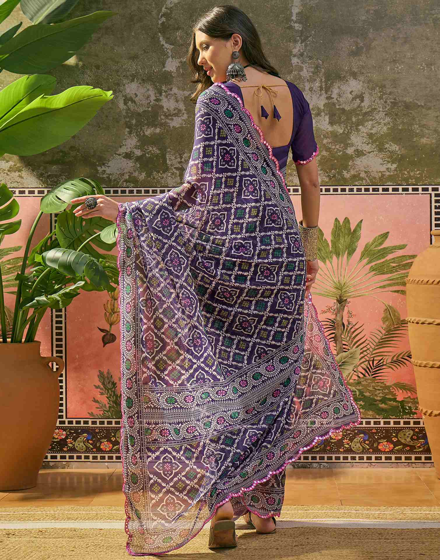 Purple Georgette Printed Mirror Work Saree