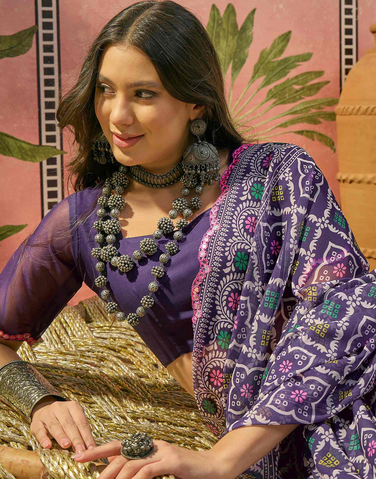 Purple Georgette Printed Mirror Work Saree