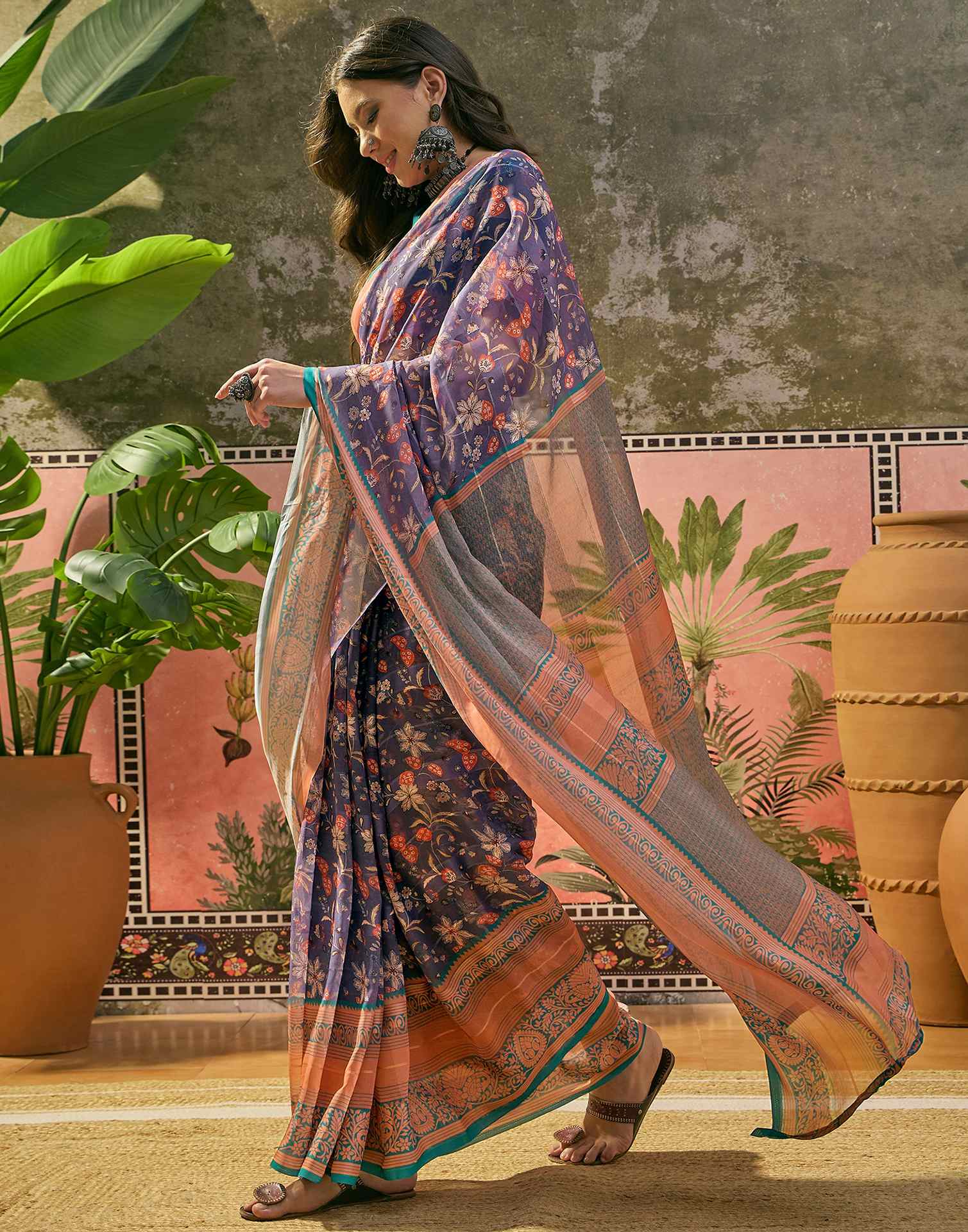 Dusty Purple Georgette Printed Saree