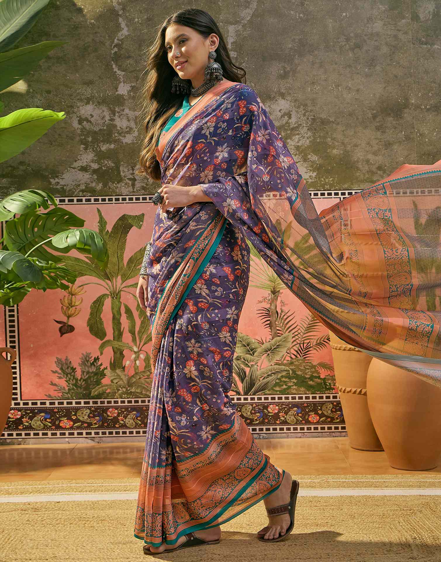 Dusty Purple Georgette Printed Saree