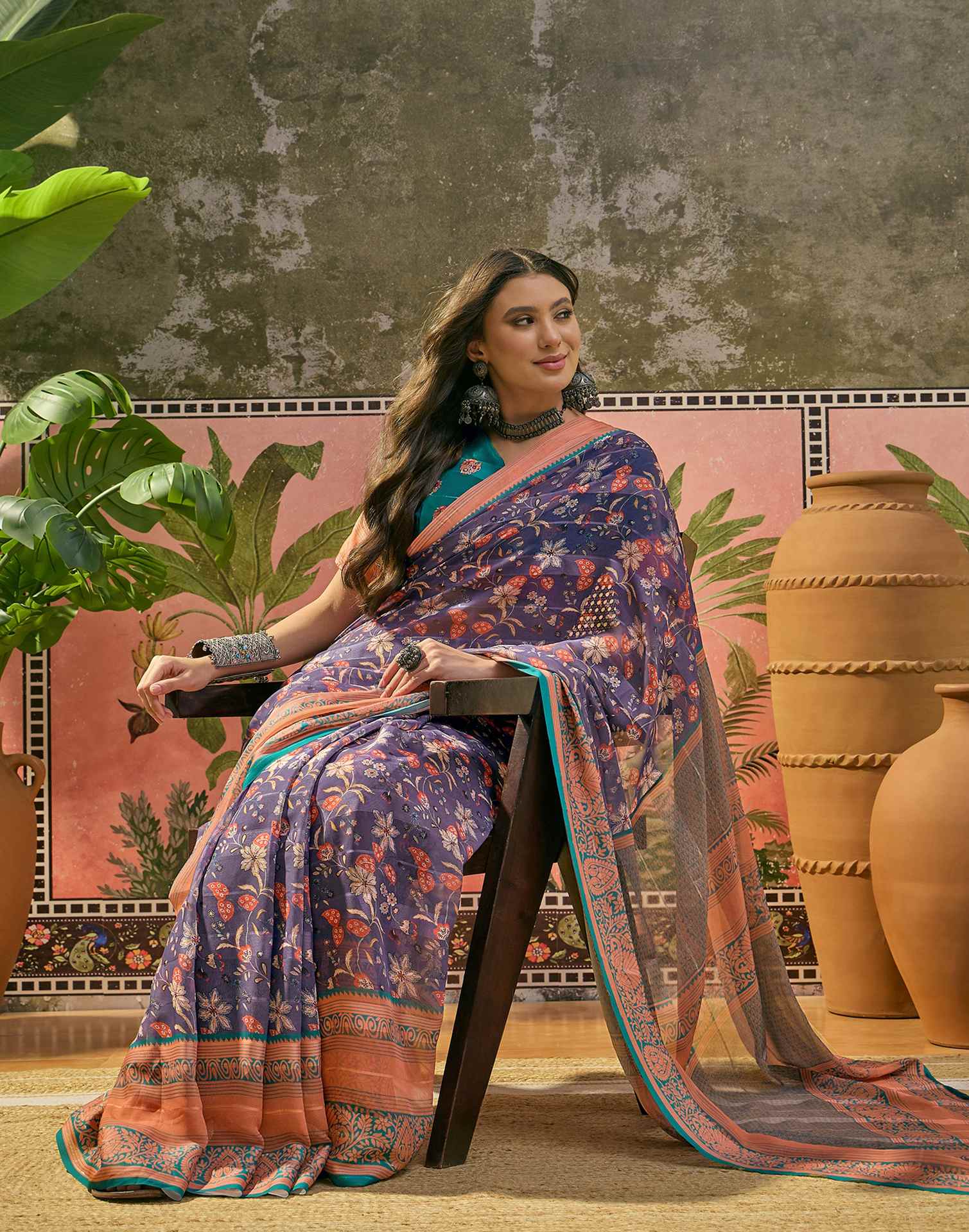 Dusty Purple Georgette Printed Saree