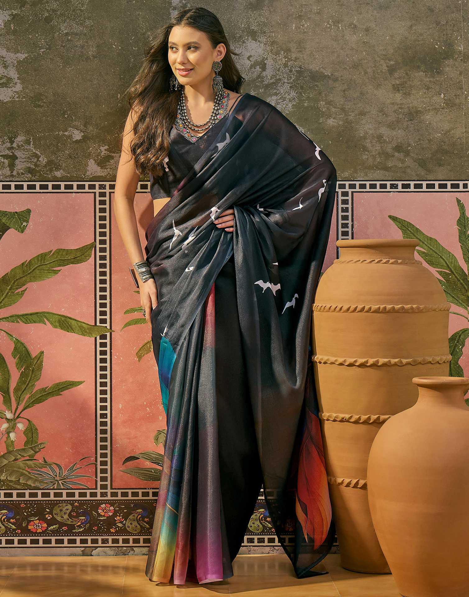 Black Shimmer Georgette Printed Saree
