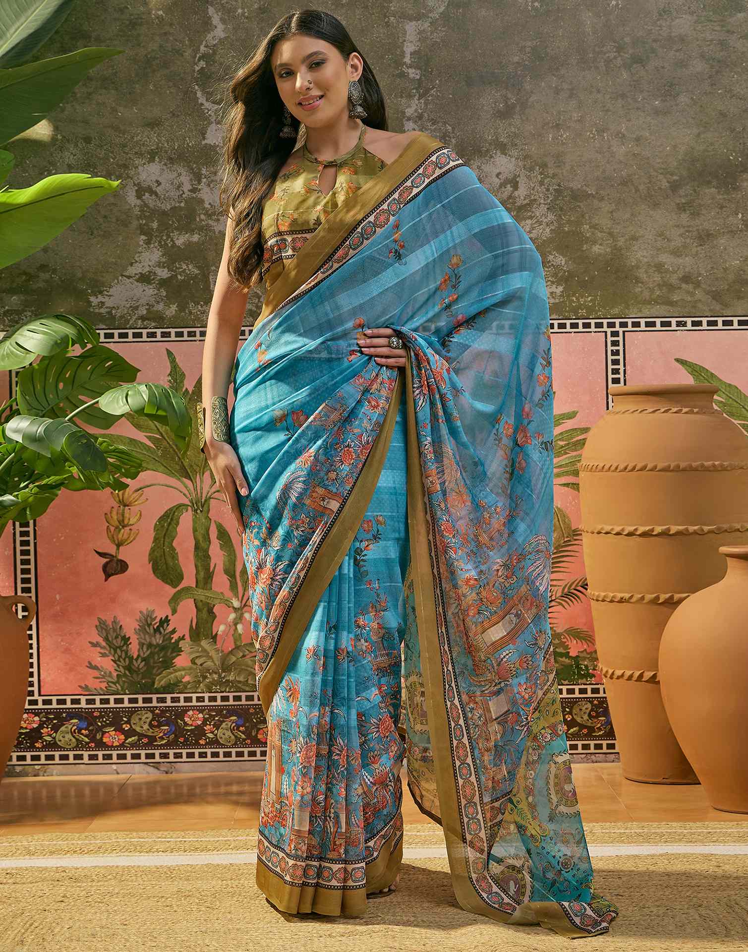 Sky Blue Georgette Printed Saree