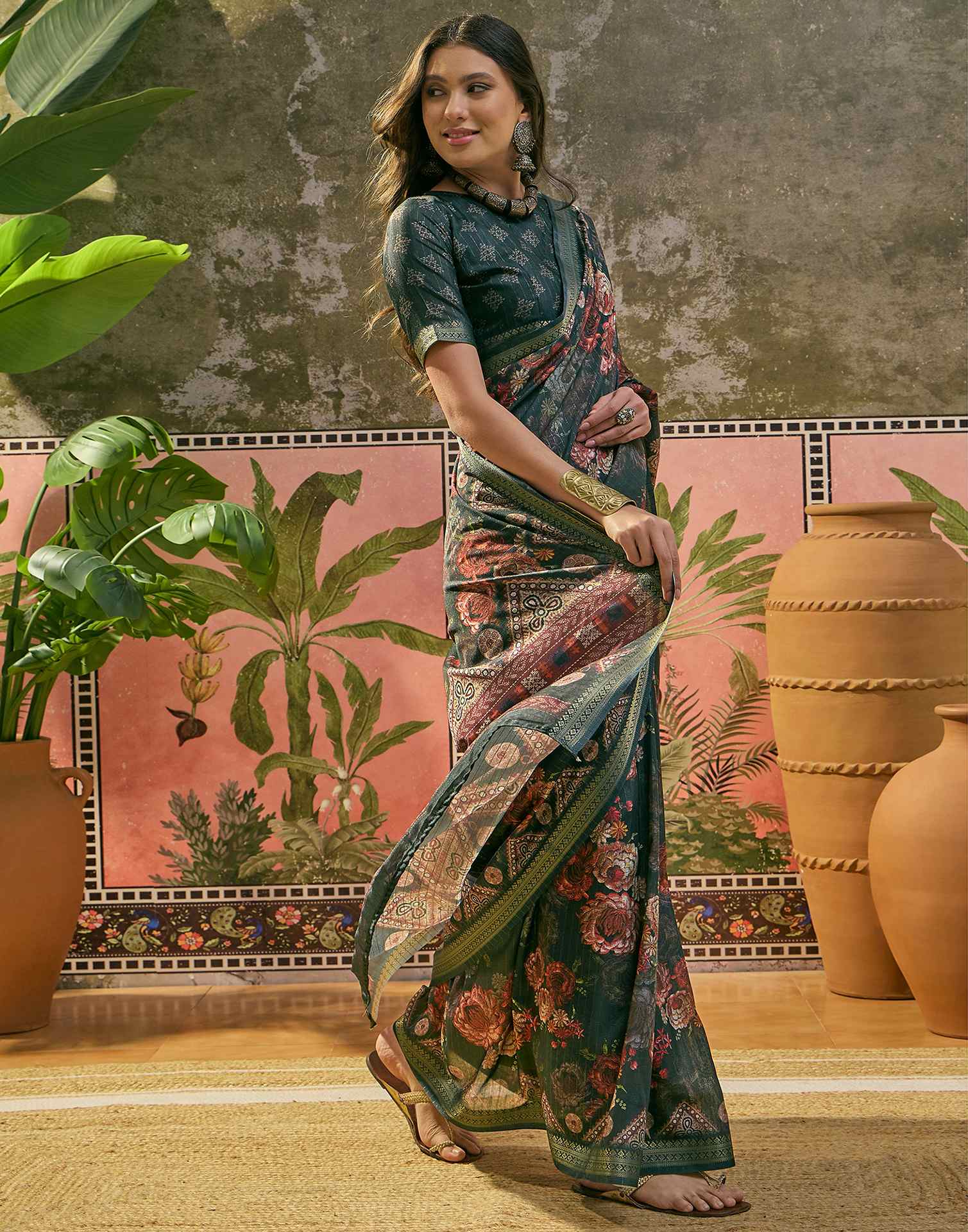 Dark Rama Blue Silk Floral Printed Zari Stripe Saree