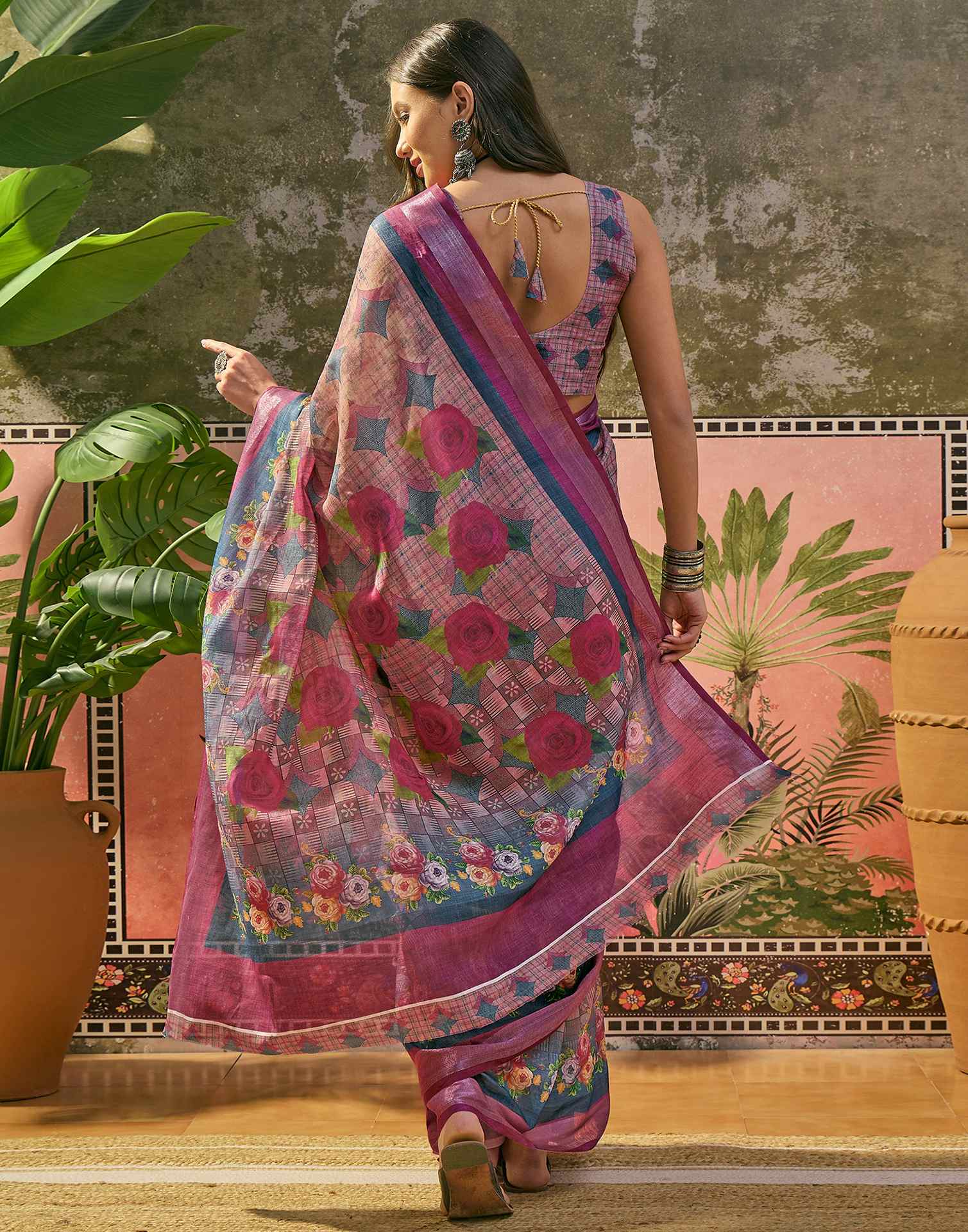 Multicoloured Linen Printed Saree
