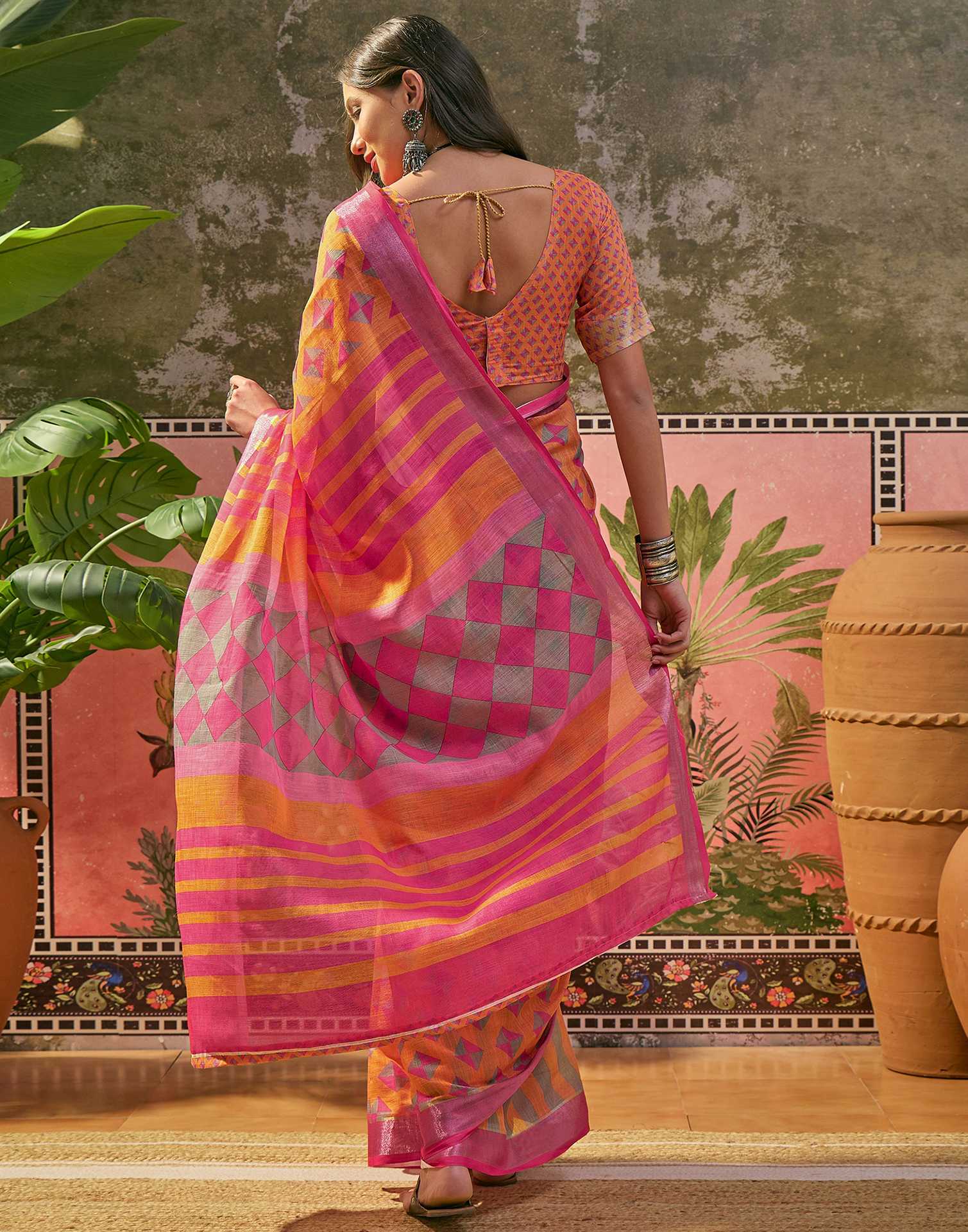 Orange Linen Printed Saree