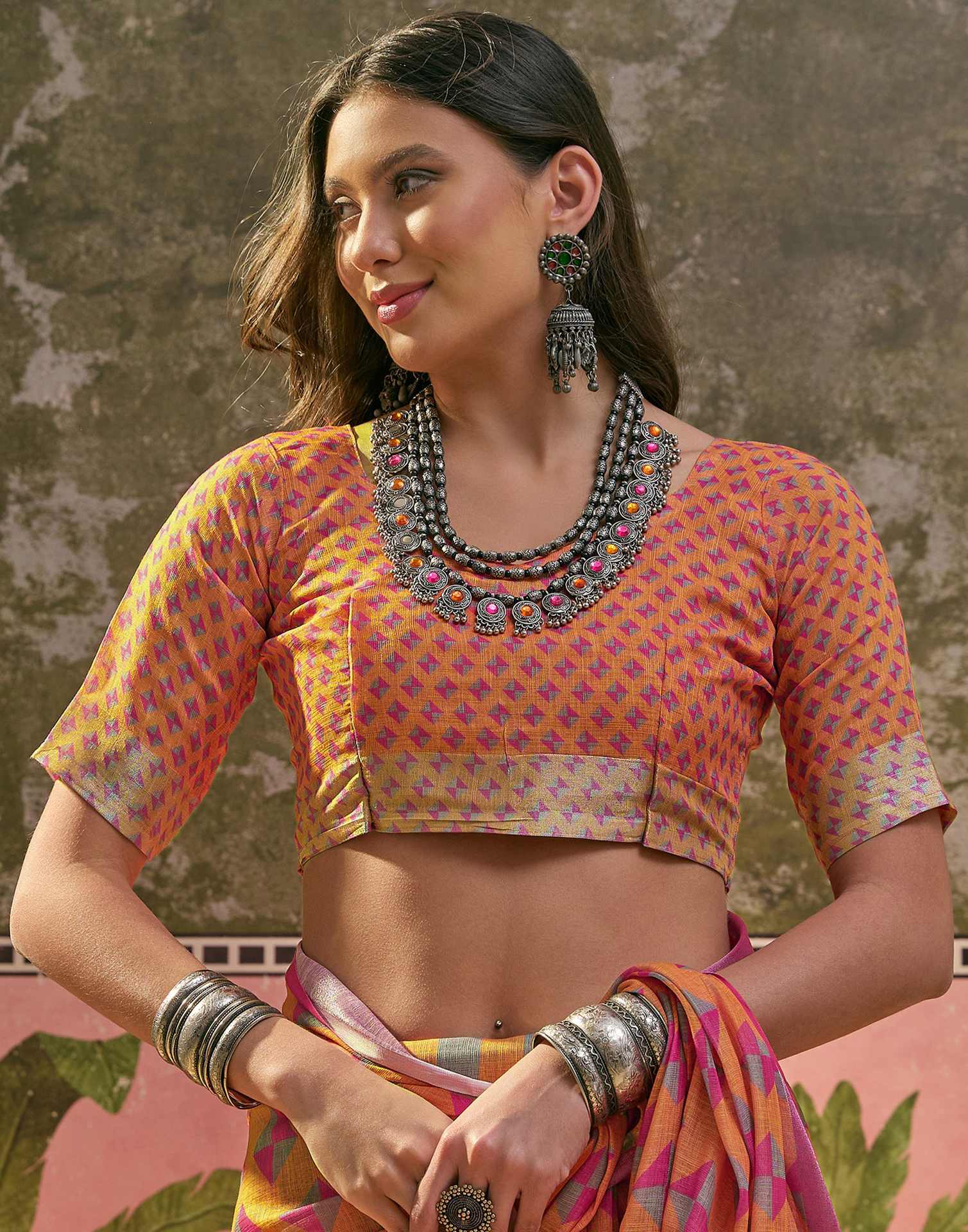 Orange Linen Printed Saree
