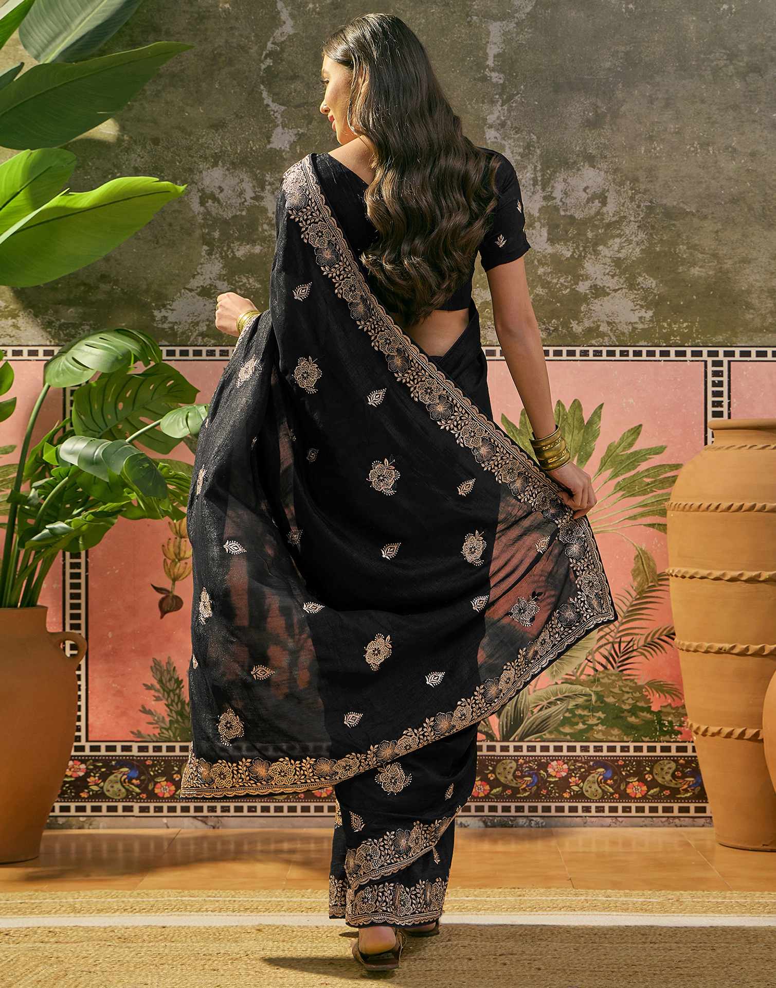 Black Vichitra Silk Stone Work Embroidery Saree