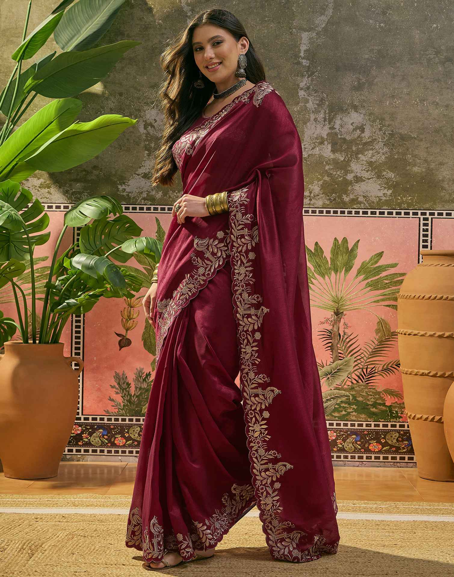 Maroon Vichitra Silk Stone Work Embroidery Saree