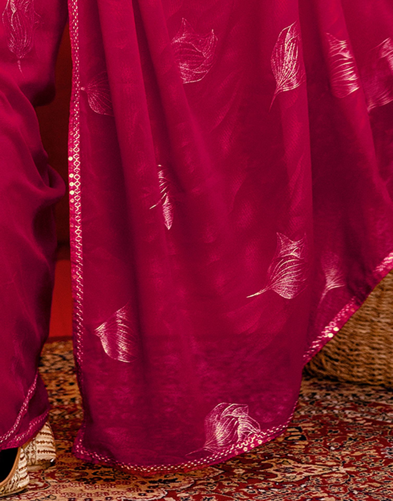 Dark Rani Pink Georgette Foil Printed Lace Saree