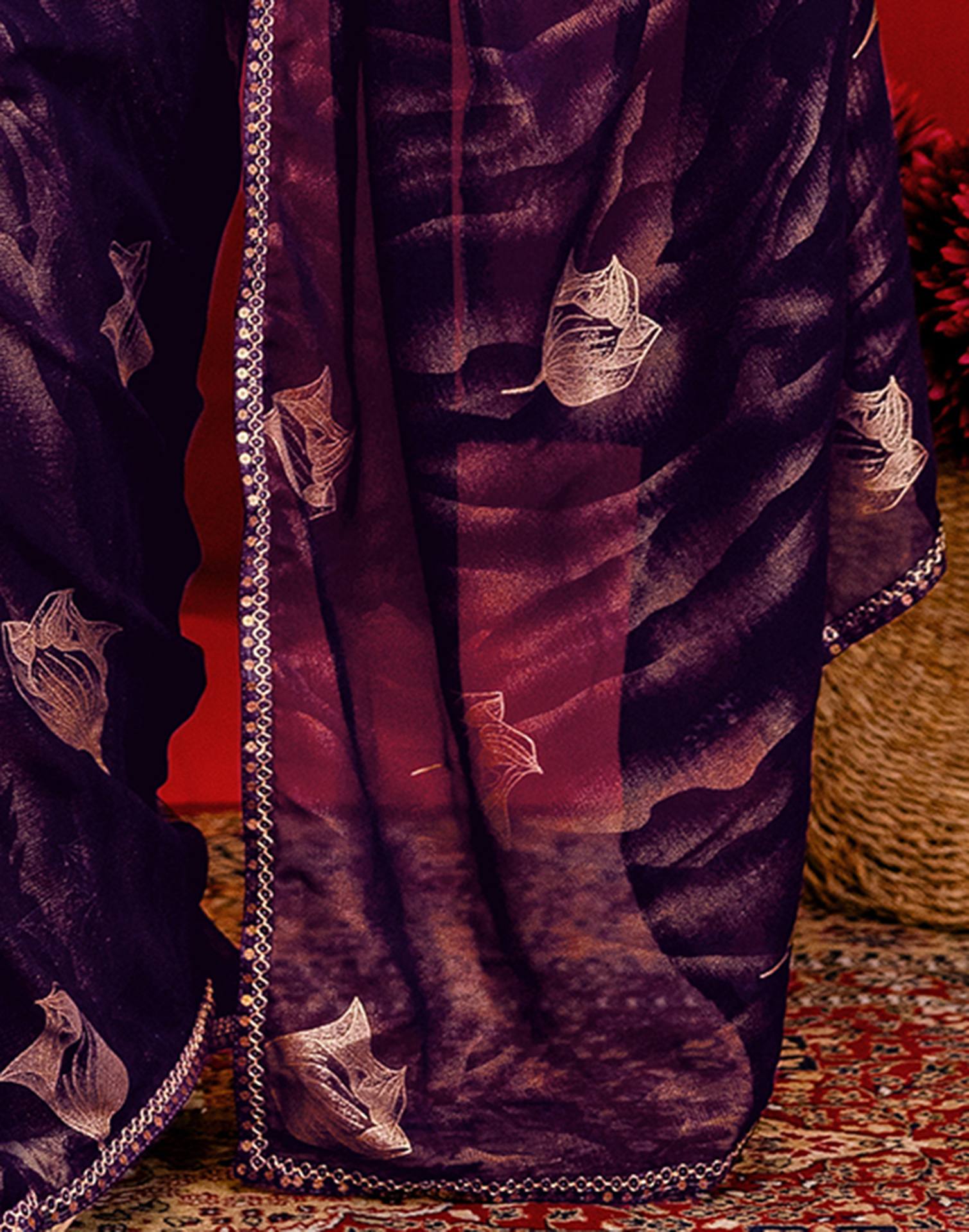 Dark Purple Georgette Foil Printed Lace Saree