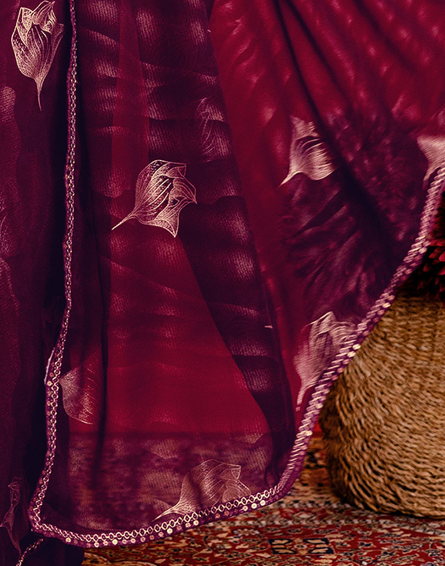 Wine Georgette Foil Printed Lace Saree