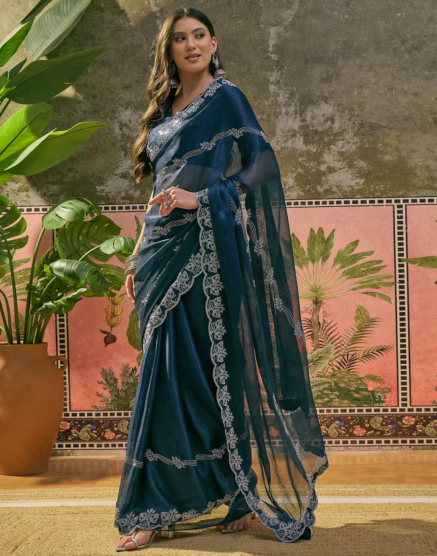 Navy Blue Shimmer Stone Work Embellished Saree