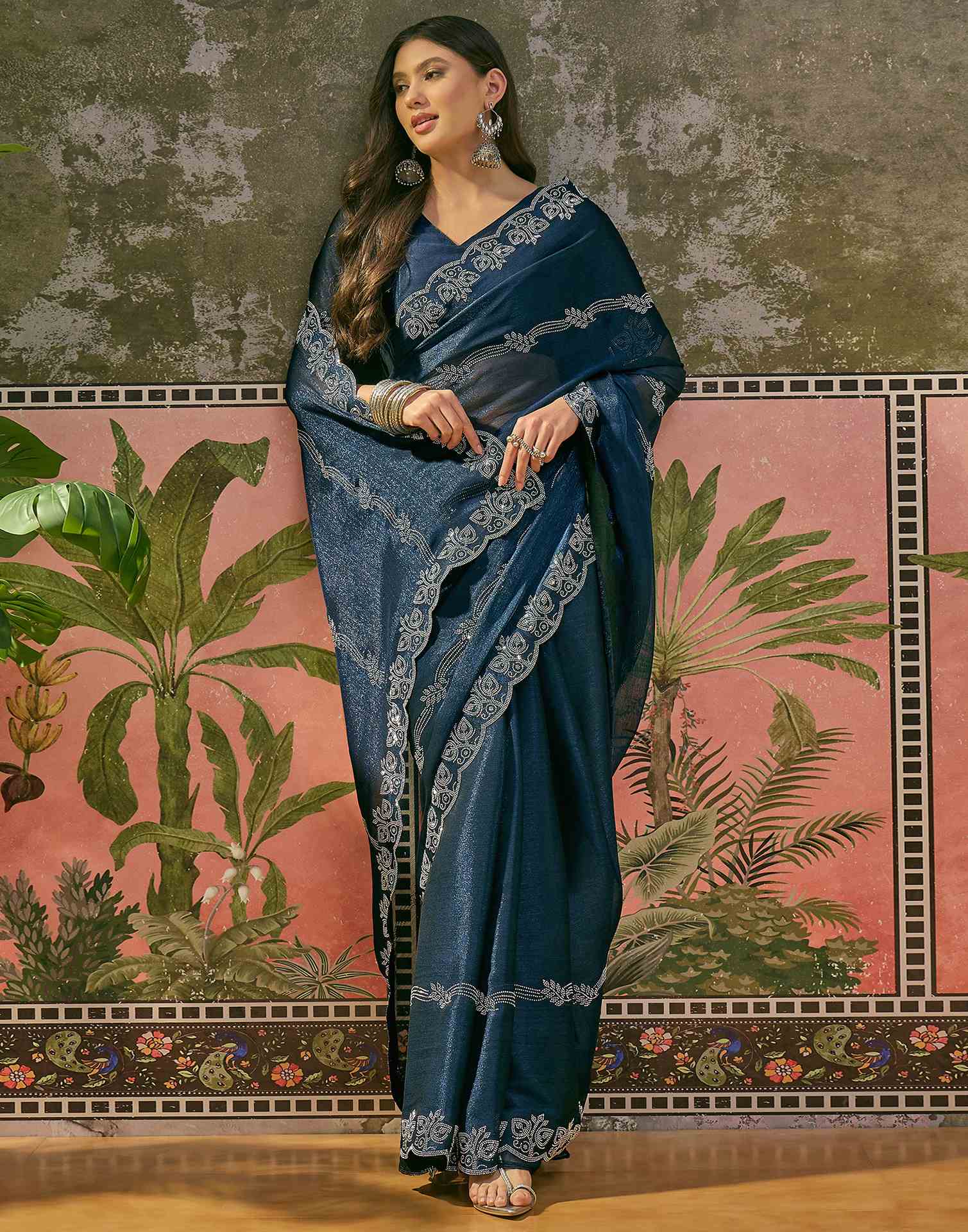 Navy Blue Shimmer Stone Work Embellished Saree