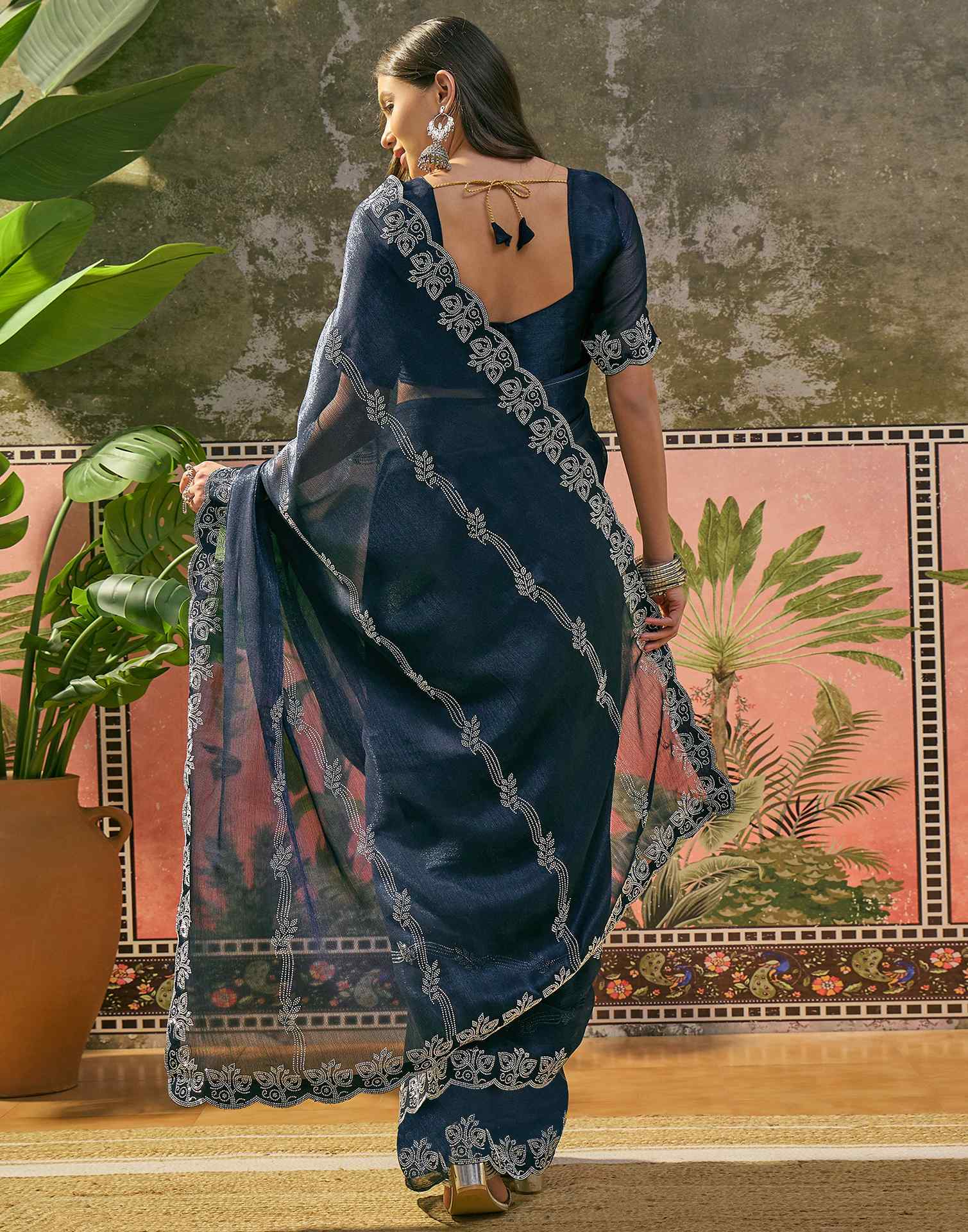 Navy Blue Shimmer Stone Work Embellished Saree