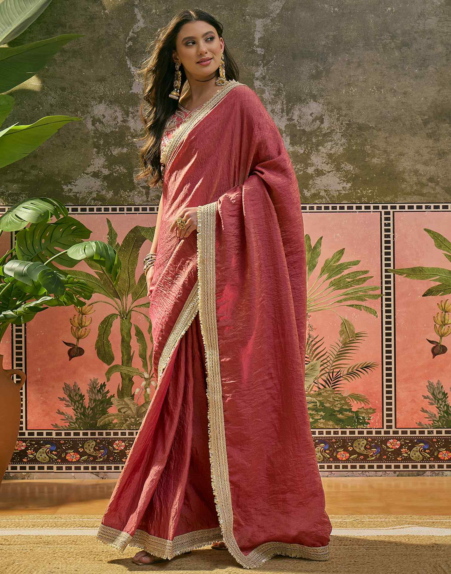 Maroon Tissue Silk Lace Saree
