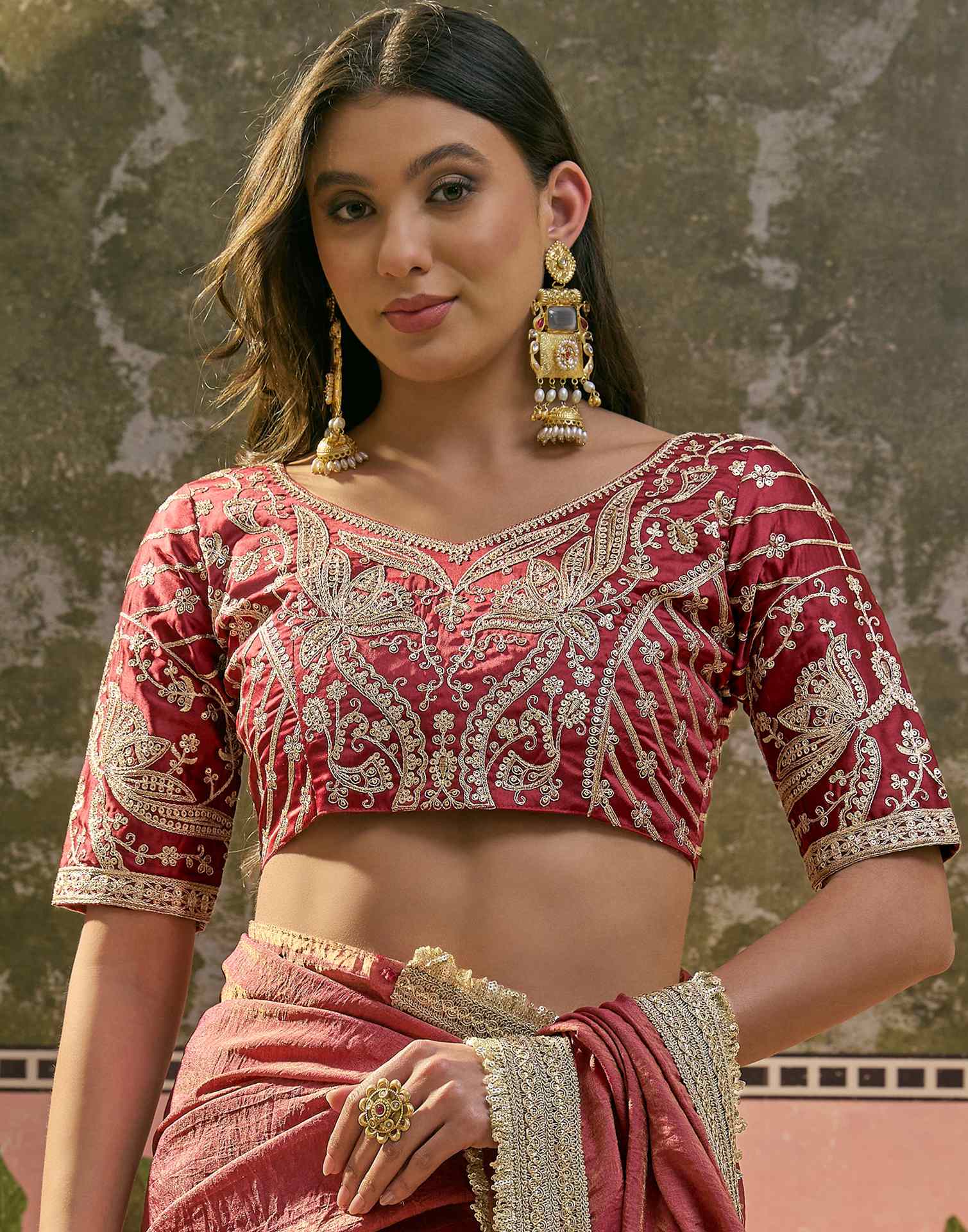 Maroon Tissue Silk Lace Saree