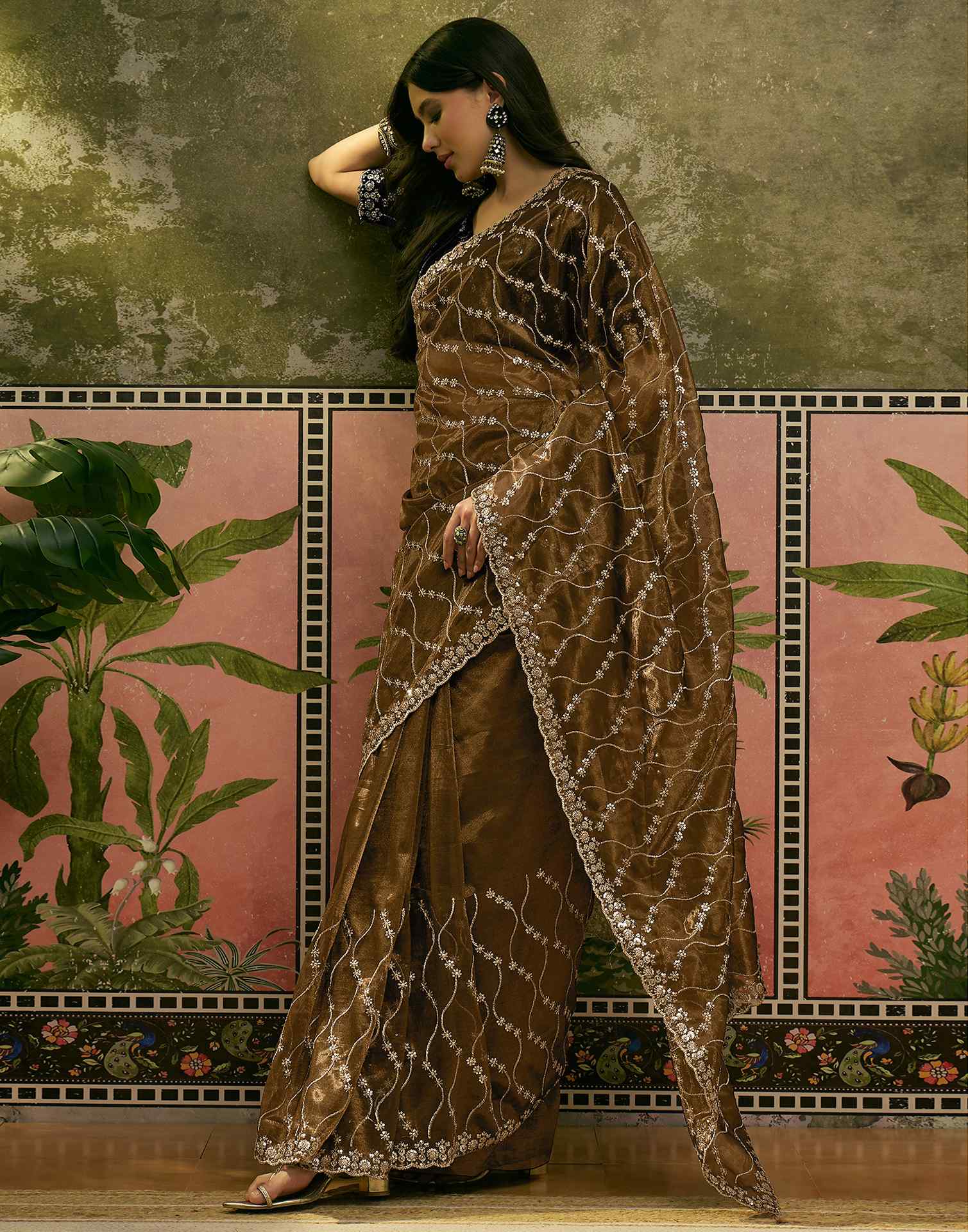 Dark Olive Green Net Sequence Embroidery Saree
