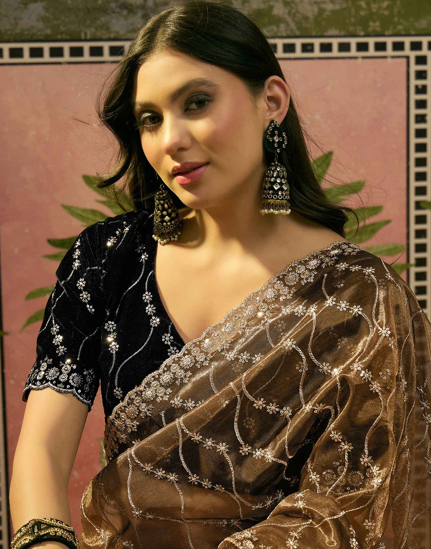 Dark Olive Green Net Sequence Embroidery Saree