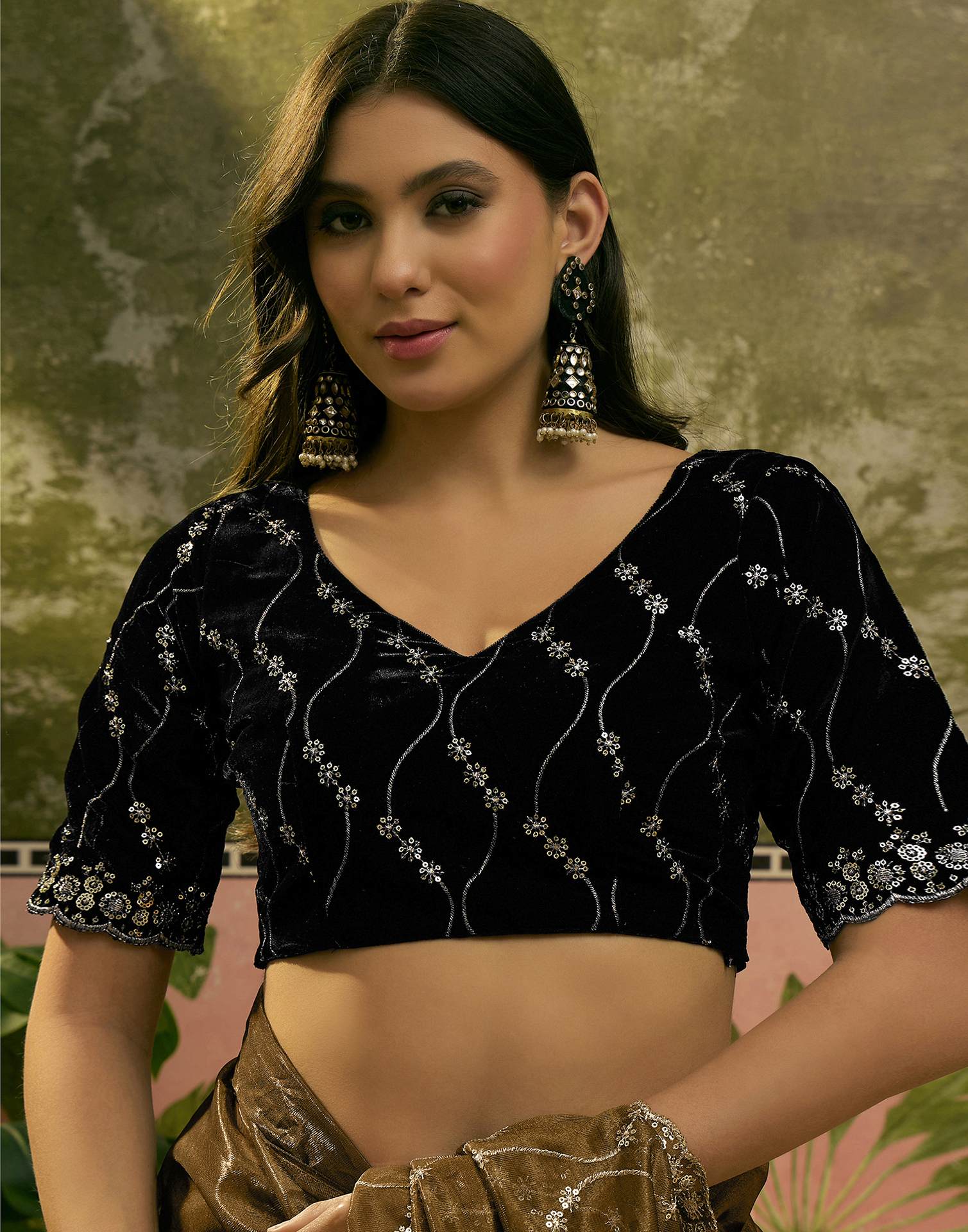 Dark Olive Green Net Sequence Embroidery Saree
