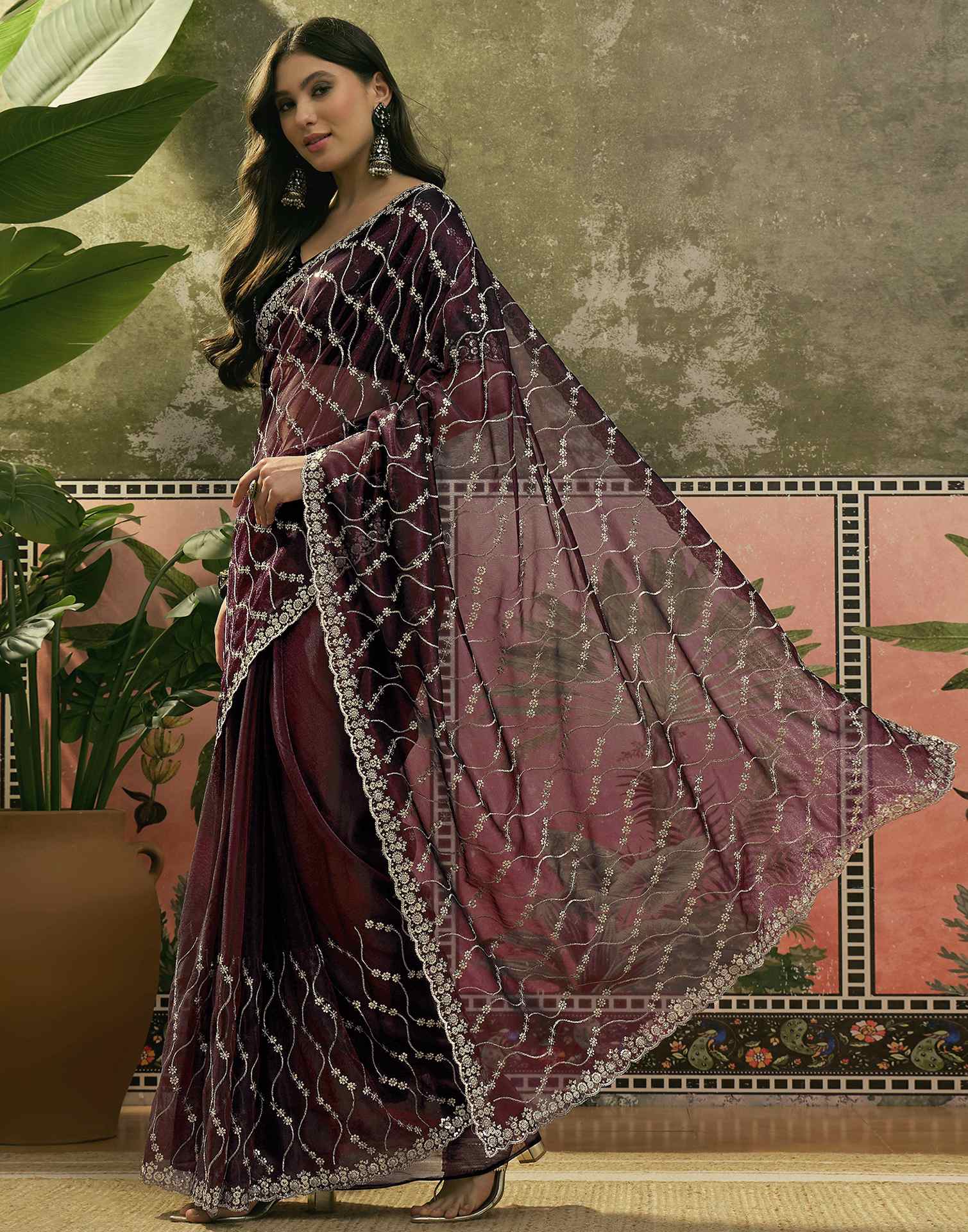 Wine Net Sequence Embroidery Saree