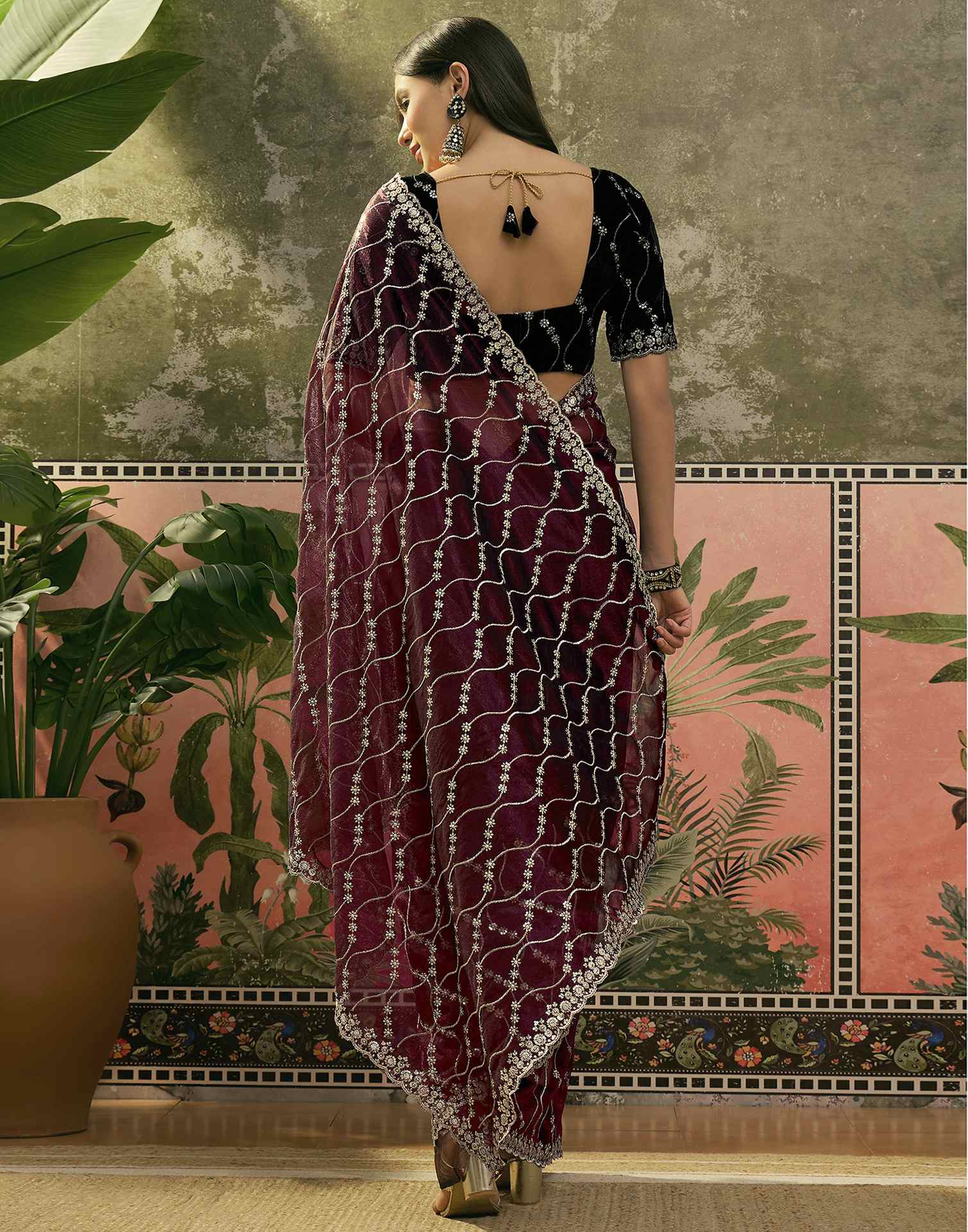 Wine Net Sequence Embroidery Saree