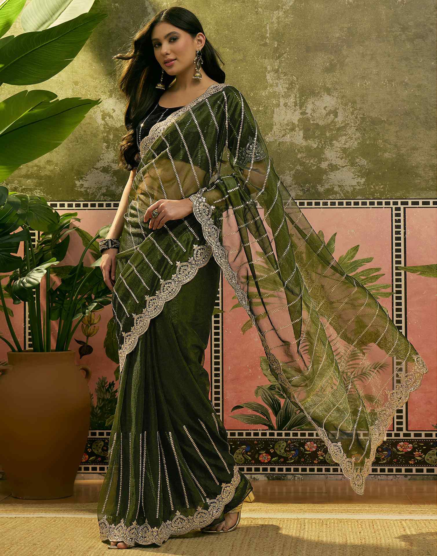 Dark Green Net Sequence Embroidery Saree