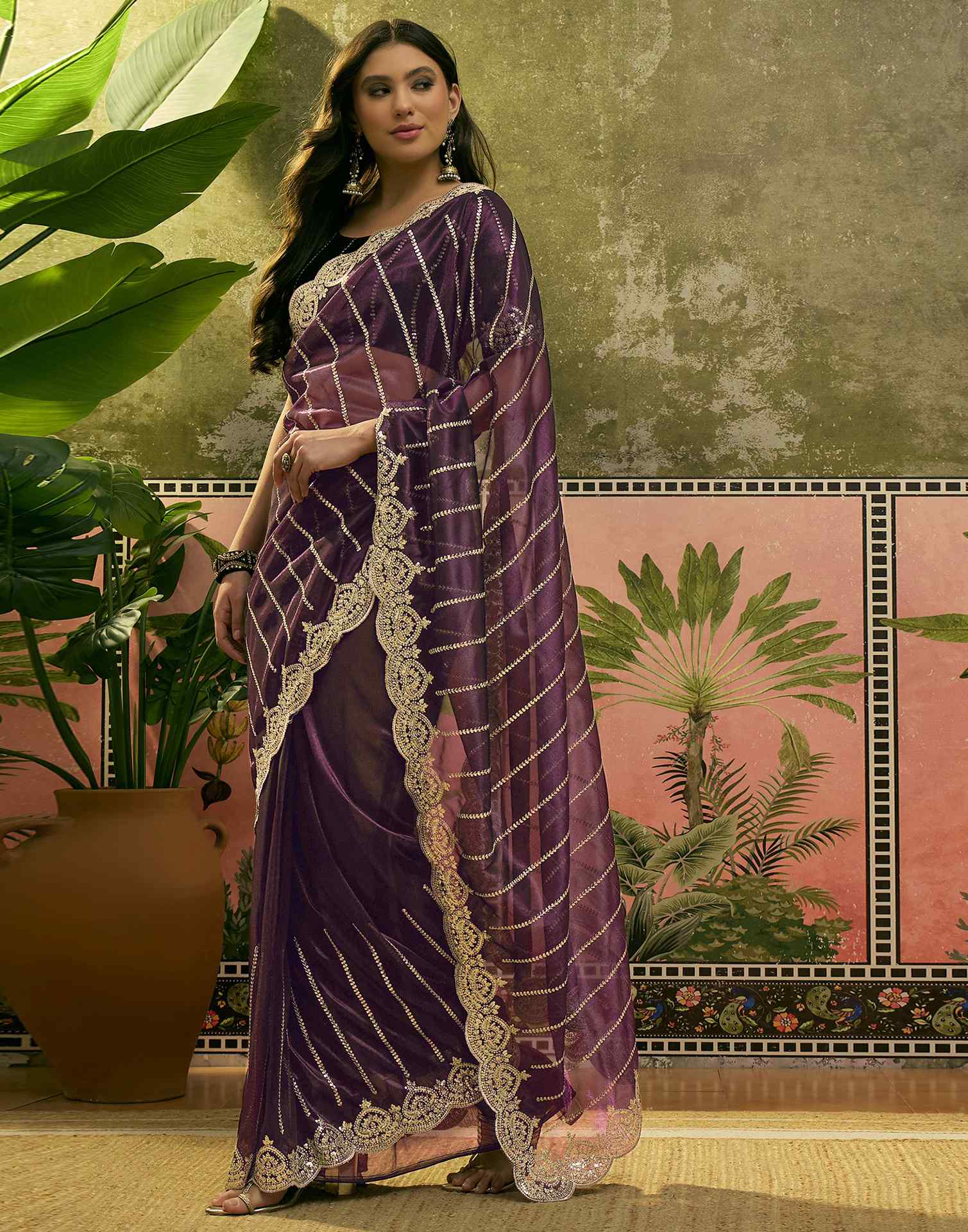 Wine Net Sequence Embroidery Saree