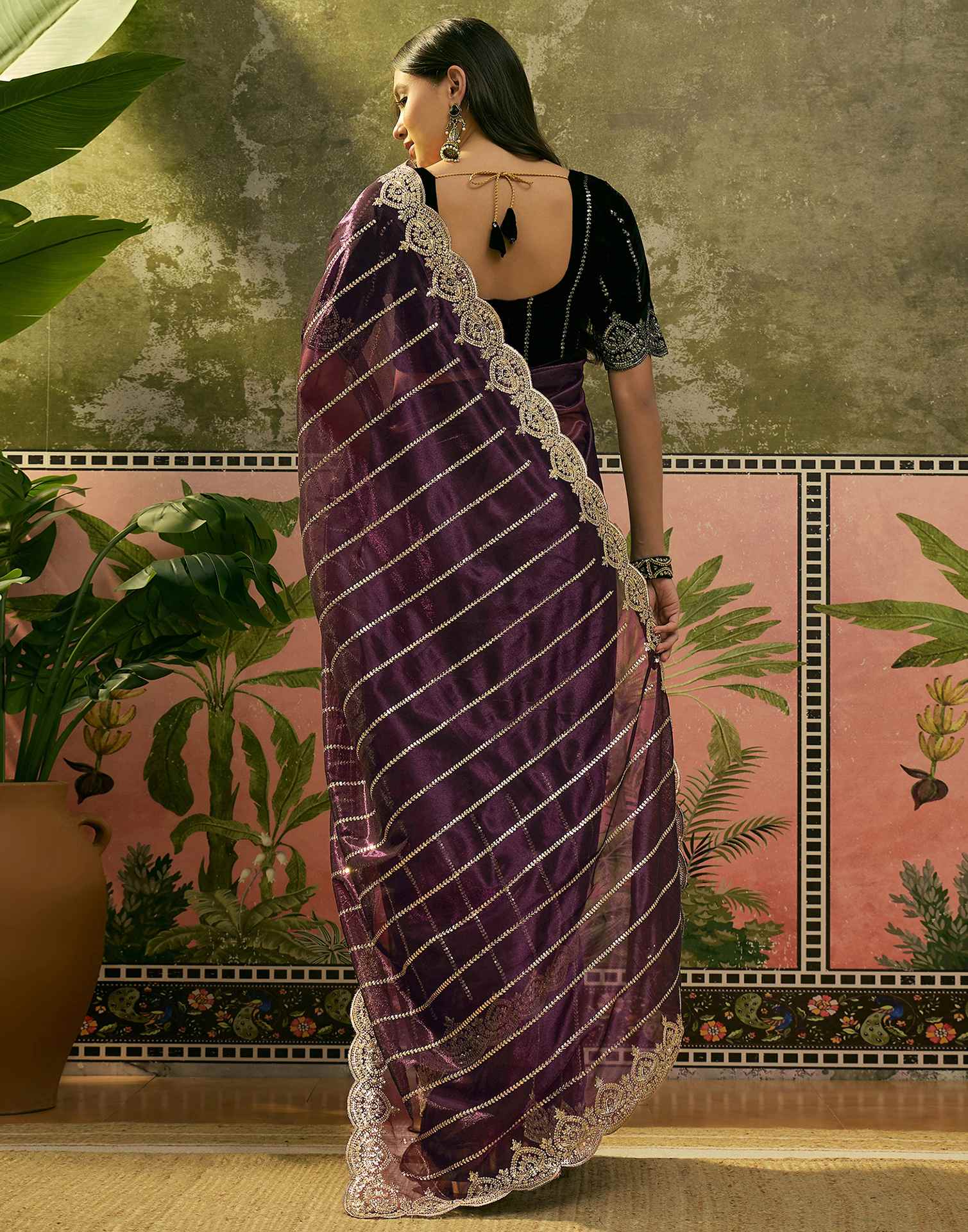 Wine Net Sequence Embroidery Saree
